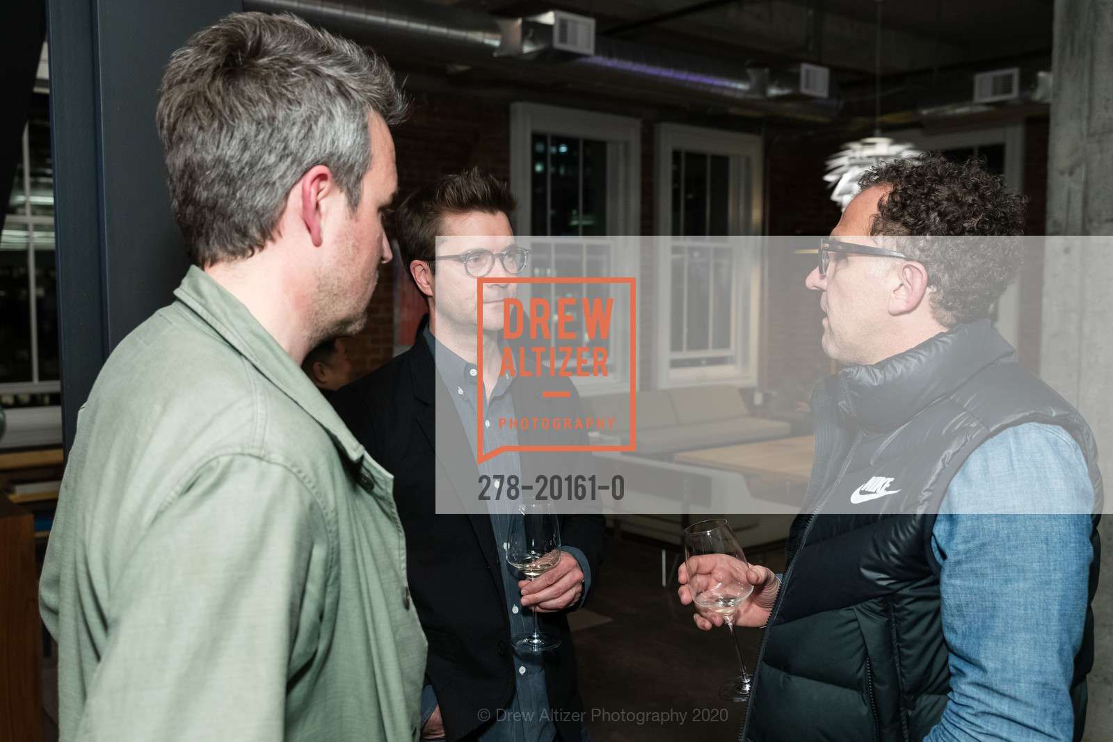 Nick Cronan, Dev Finley, Josh Morenstein, Cooper Hewitt National Design Awards 2020 Cocktail Party, Godfrey Dadich Partners, 17th Floor. 140 New Montgomery Street, February 12th, 2020, Photo #278-20161-0 Nick Cronan, Dev Finley, Josh Morenstein, Photo #278-20161-0