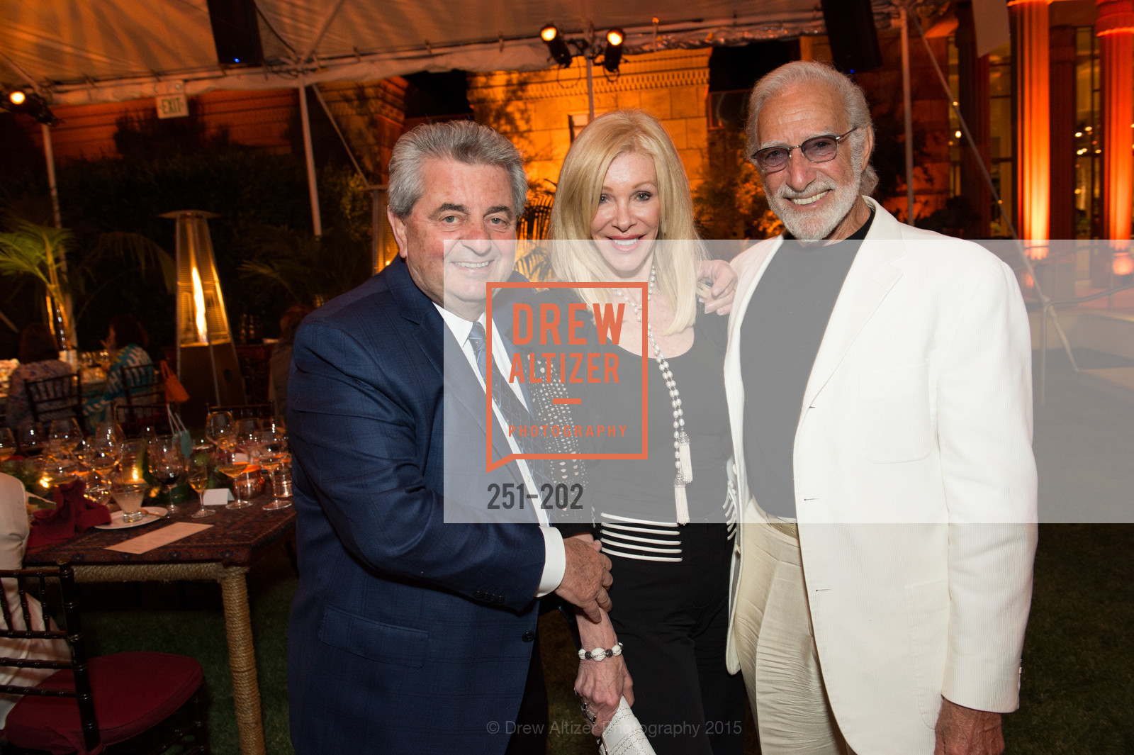 Carmen Policy, Pamala Deikel, Ted Deikel, Gucci & Vogue Dinner, Darioush Winery. Darioush Winery, . 4240 Silverado Trail, July 24th, 2015, Photo #251-202 Carmen Policy, Pamala Deikel, Ted Deikel, Photo #251-202