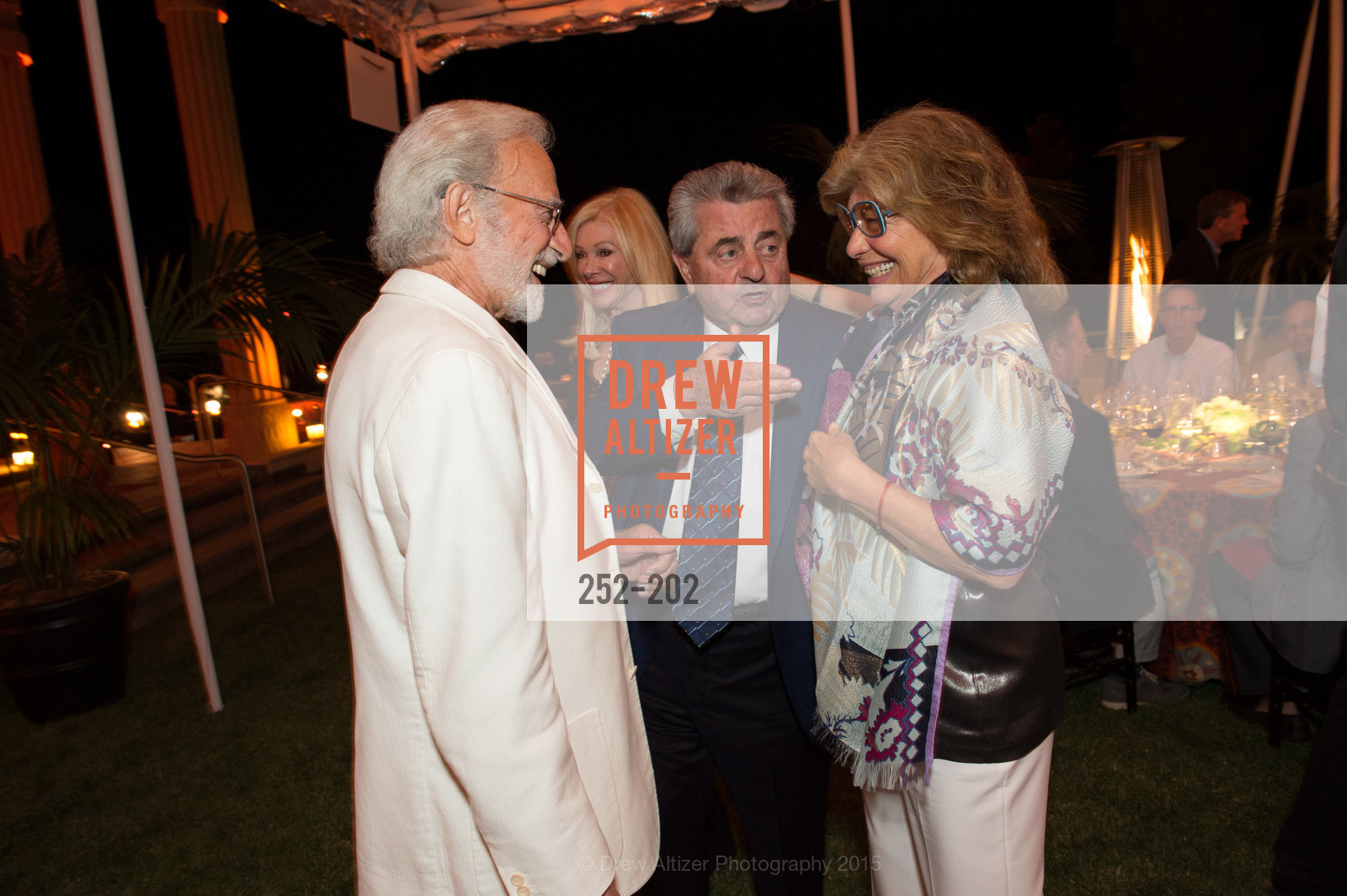 Ted Deikel, Carmen Policy, Valeria Huneeus, Gucci & Vogue Dinner, Darioush Winery. Darioush Winery, . 4240 Silverado Trail, July 24th, 2015, Photo #252-202 Ted Deikel, Carmen Policy, Valeria Huneeus, Photo #252-202