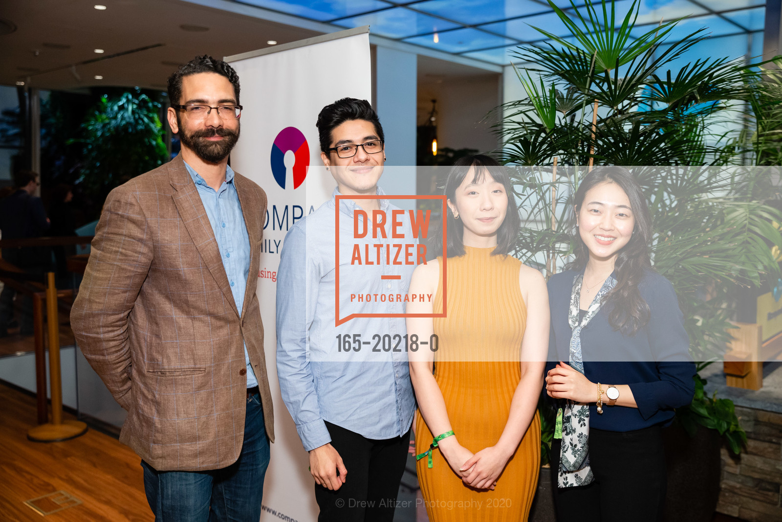 Cole Thomason-Redus, Michael Sanchez, Tina Tran, Clara Choi, Compass Family Services Campaign Donor Reception, Salesforce Tower, Ohana Floor. 415 Mission St, February 27th, 2020, Photo #165-20218-0 Cole Thomason-Redus, Michael Sanchez, Tina Tran, Clara Choi, Photo #165-20218-0