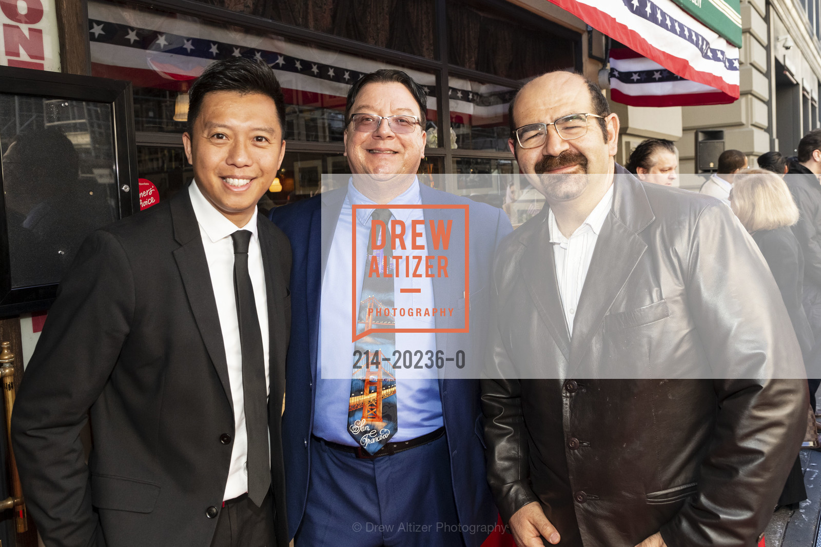 Kelvin Woo, Ronnie Rodriguez, Sam Menning, John's Grill Election Day Luncheon 2020, John's Grill. 63 Ellis St, Photo #214-20236-0 Kelvin Woo, Ronnie Rodriguez, Sam Menning, Photo #214-20236-0