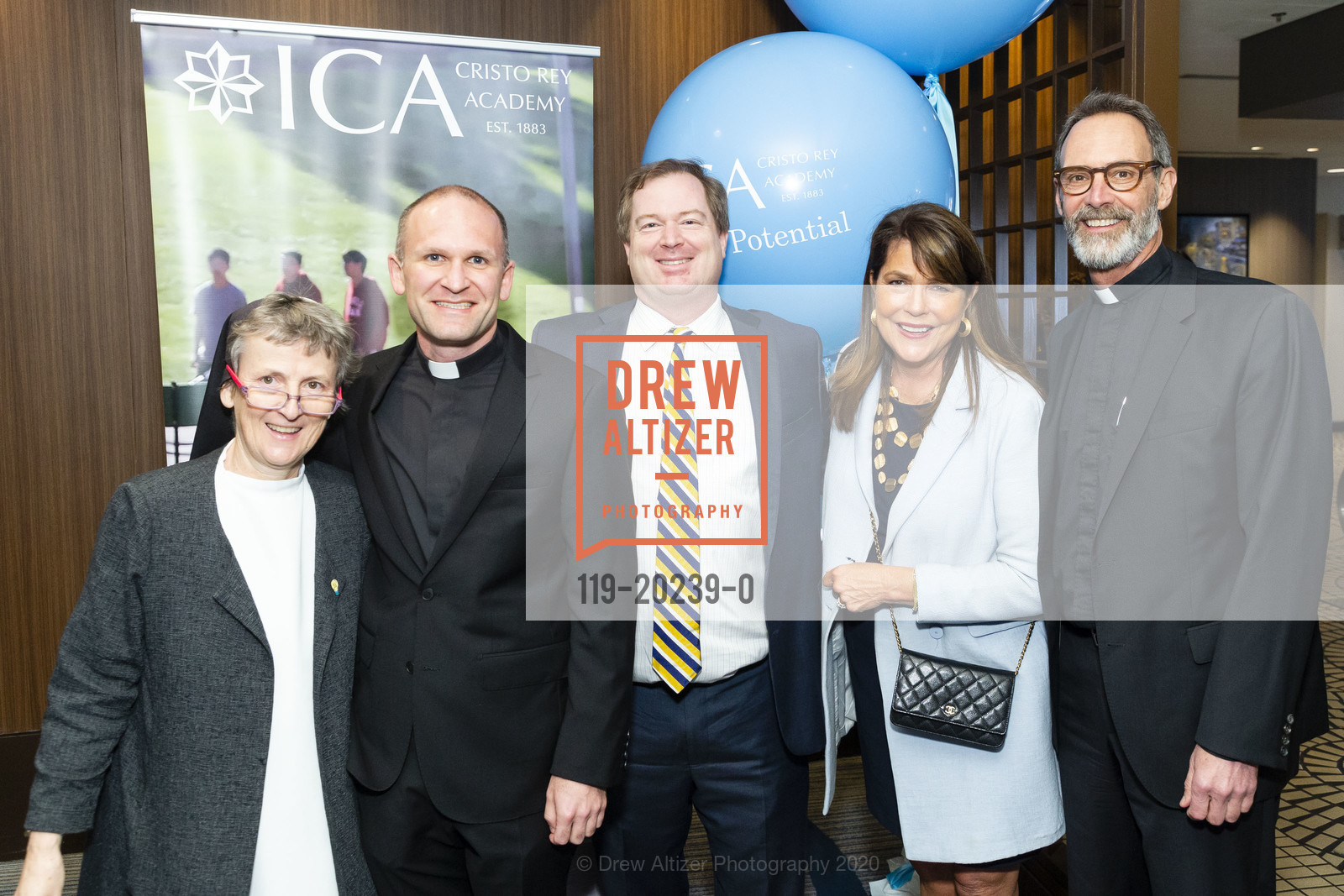 Sister Lilly Fitzpatrick, Travis Russell, Paul Mohun, Liz Vaughan, Greg Bonfiglio, ICA Cristo Rey 10th Anniversary Annual Business Lunch 2020, Hyatt Regency. 5 Embarcadero Center, March 4th, 2020, Photo #119-20239-0 Sister Lilly Fitzpatrick, Travis Russell, Paul Mohun, Liz Vaughan, Greg Bonfiglio, Photo #119-20239-0
