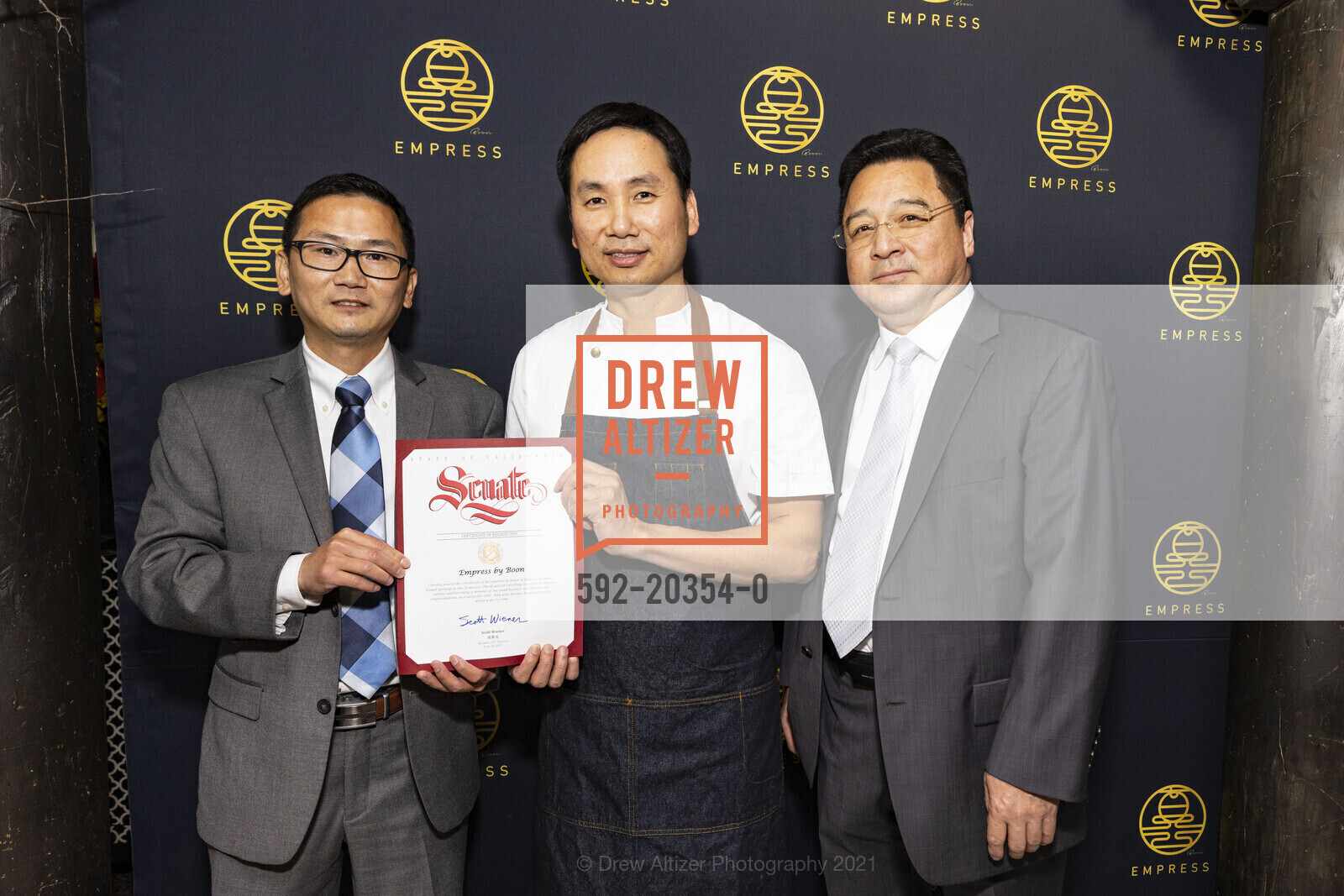 Francis Zhang, Chef Ho Chee Boon, John Yee, Empress By Boon – Grand Opening, Empress By Boon. 838 Grant Ave, June 18th, 2021, Photo #592-20354-0 Francis Zhang, Chef Ho Chee Boon, John Yee, Photo #592-20354-0