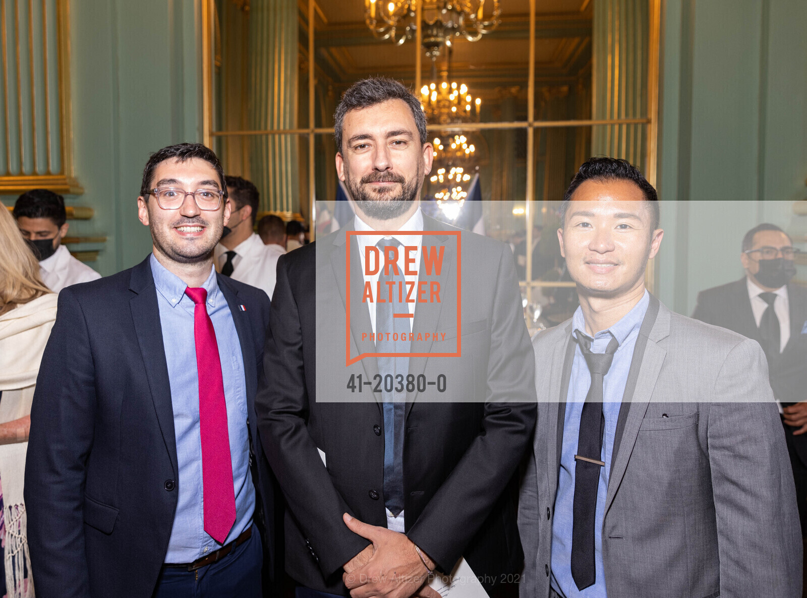 Lionel Guittard, Andrea Abuin, Vince Banks, Tom Horn Receives the The French Legion of Honour, War Memorial Veterans Building, Green Room. 401 Van Ness Ave, July 19th, 2021, Photo #41-20380-0 Lionel Guittard, Andrea Abuin, Vince Banks, Photo #41-20380-0