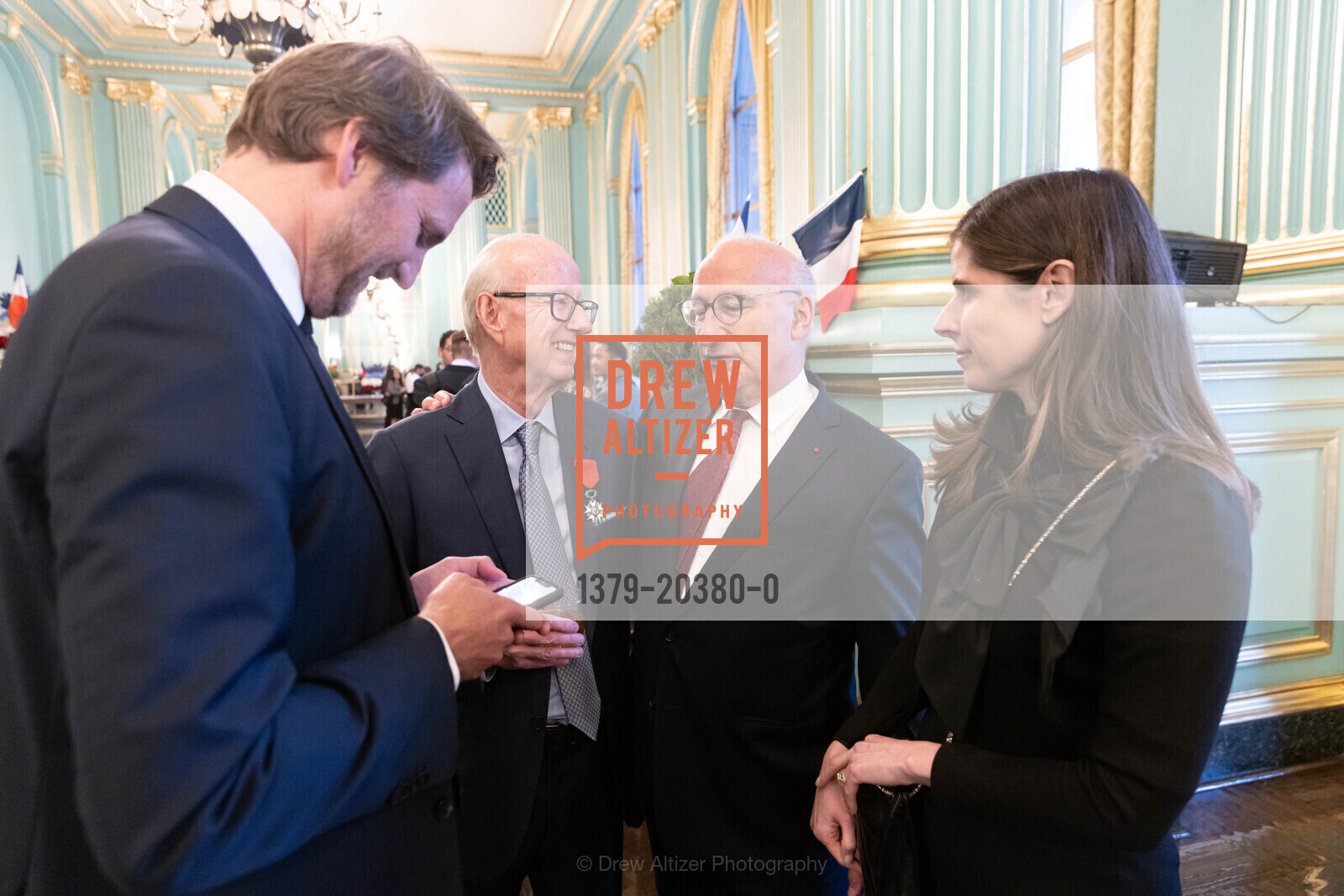 Frederic Jung, Tom Horn, Philippe Etienne, Marie-Elodie Jung Bazy, Tom Horn Receives the The French Legion of Honour, War Memorial Veterans Building, Green Room. 401 Van Ness Ave, Photo #1379-20380-0 Frederic Jung, Tom Horn, Philippe Etienne, Marie-Elodie Jung Bazy, Photo #1379-20380-0