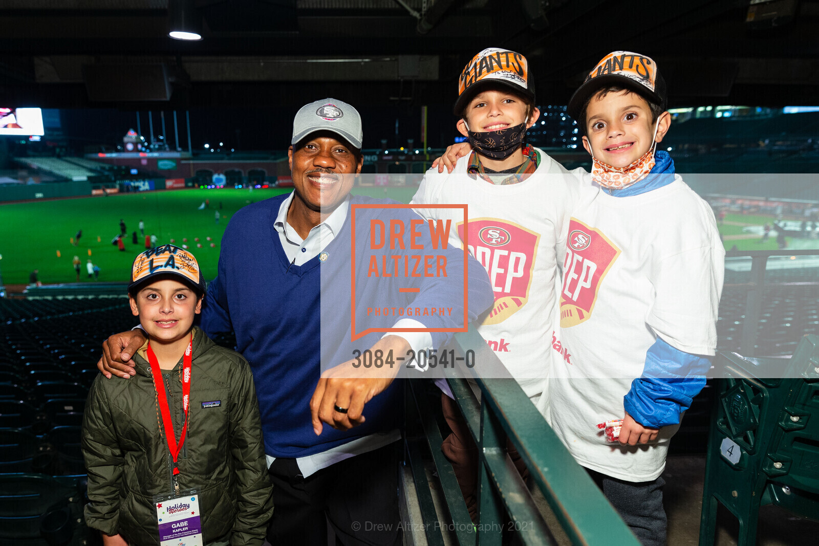 Bruce Melendez, Dennis Brown, Pierce Melendez, Hudson Shuwer, Holiday Heroes, 24 Willie Mays Plaza. 24 Willie Mays Plaza, December 7th, 2021, Photo #3084-20541-0 Bruce Melendez, Dennis Brown, Pierce Melendez, Hudson Shuwer, Photo #3084-20541-0