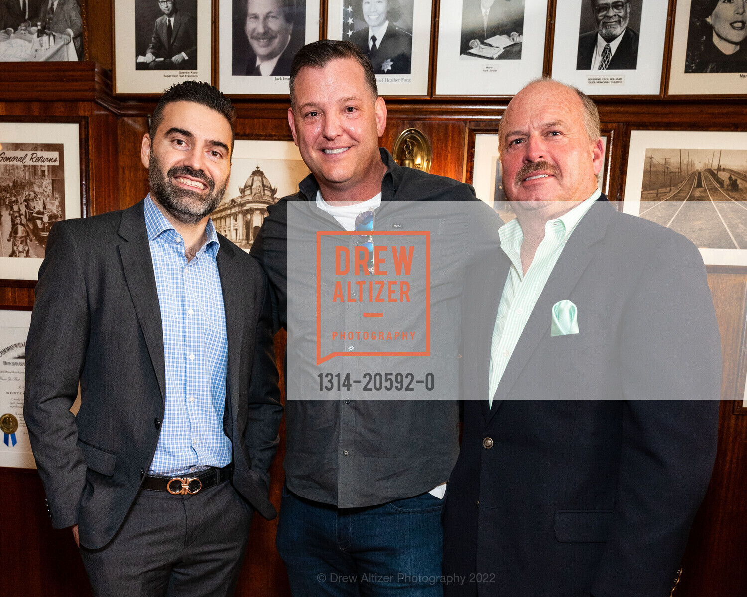 Alex Bastian, Jason Cherniss, John Cleary, John Konstin Baby shower, John's Grill. 63 ellis street, February 27th, 2022, Photo #1314-20592-0 Alex Bastian, Jason Cherniss, John Cleary, Photo #1314-20592-0