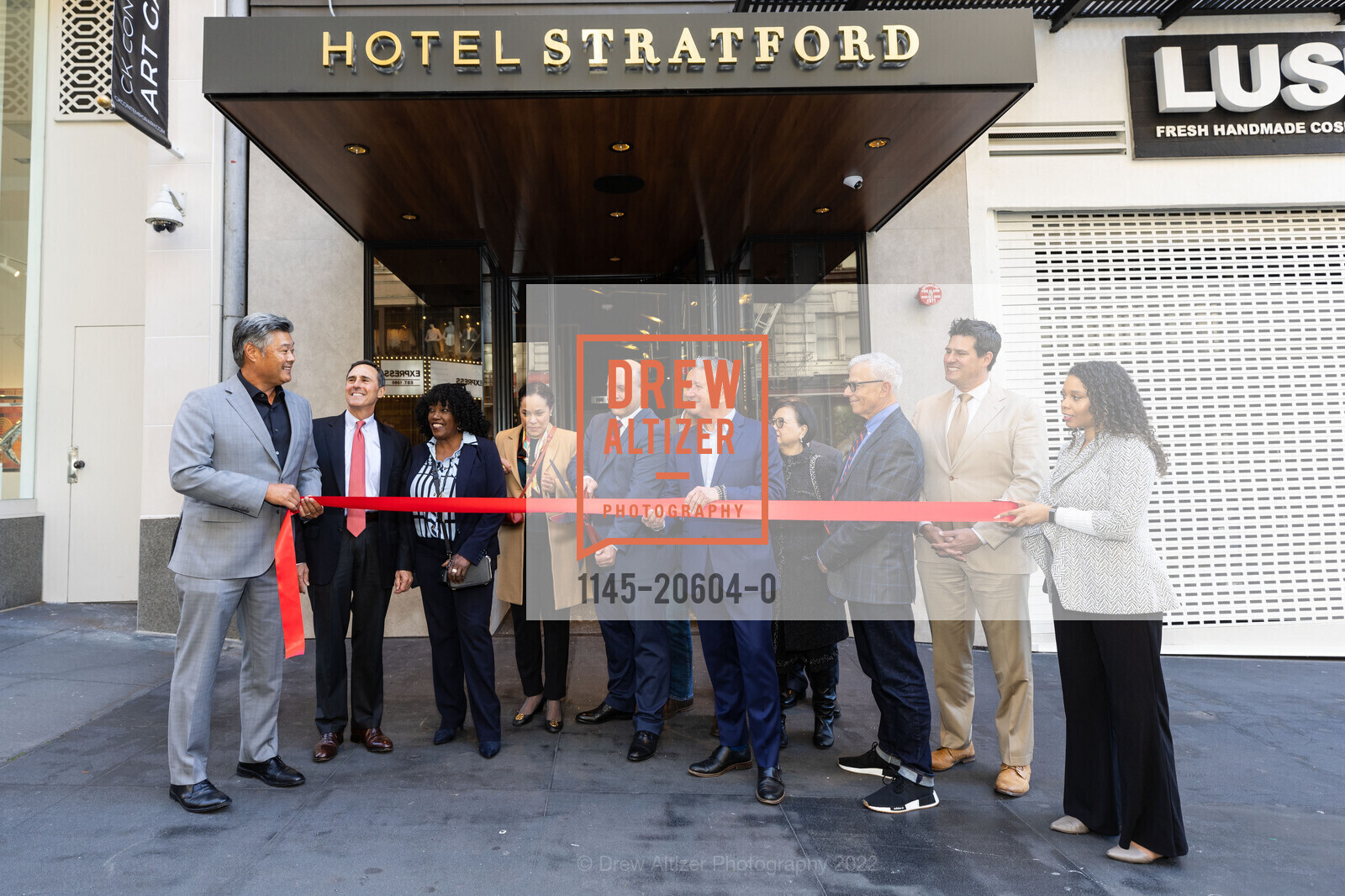Rodney Fong, Richard Leider, Diane Laster, Marisa Rodriguez, Jordan Buckley, Chris Lehman, Joe D'Alessandro, Evan Kaizer, Joshua Arce, Somiah Handy, Hotel Stratford Ribbon Cutting, Hotel Stratford. 242 Powell St, March 8th, 2022, Photo #1145-20604-0 Rodney Fong, Richard Leider, Diane Laster, Marisa Rodriguez, Jordan Buckley, Chris Lehman, Joe D'Alessandro, Evan Kaizer, Joshua Arce, Somiah Handy, Photo #1145-20604-0
