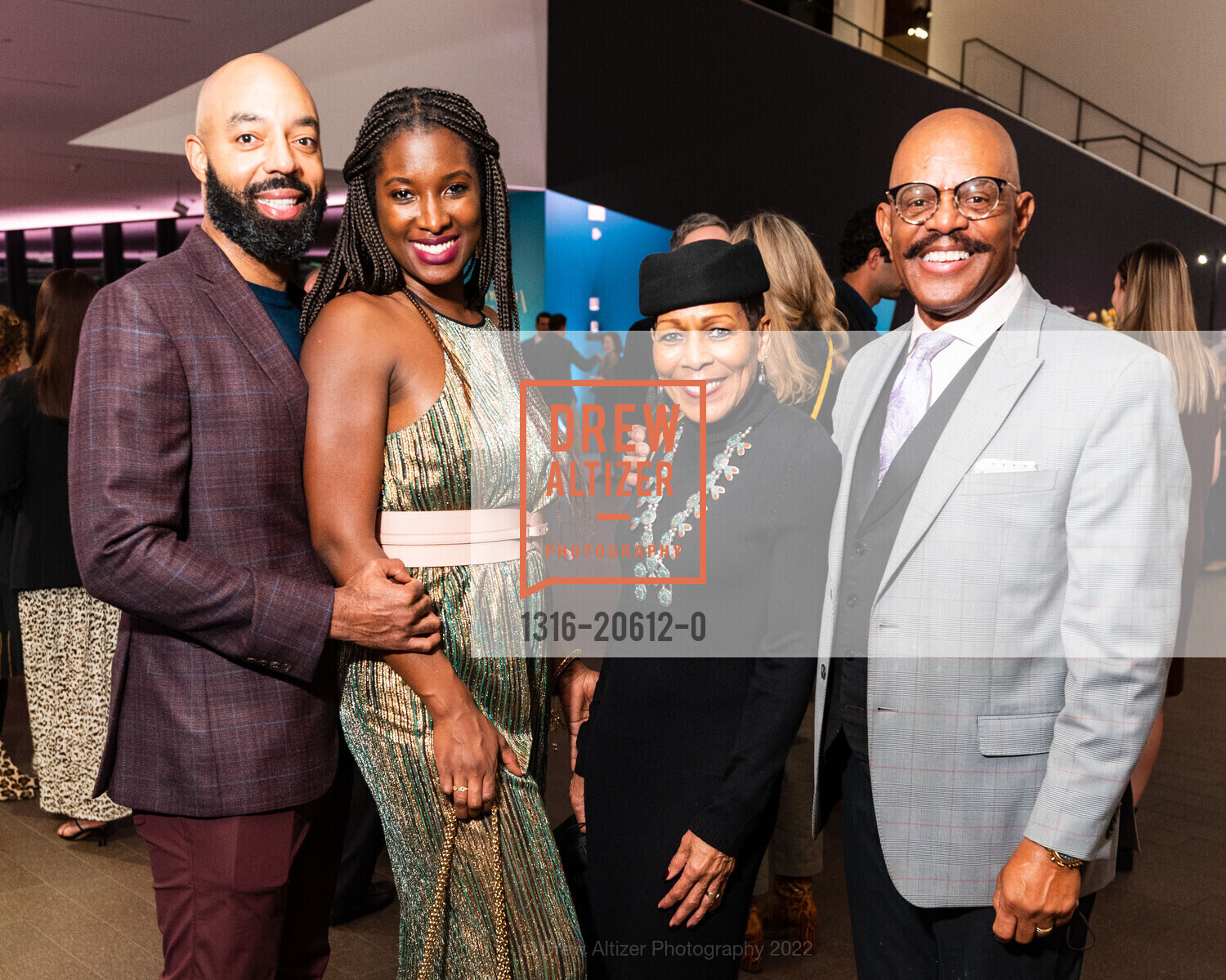 Bakari Adams, Safiya Jihan Adams, Valerie Coleman Morris, Robert Morris, FAMSF hosts Donor Reception: Alice Neel, de Young Museum. 50 Hagiwara Tea Garden Dr, March 9th, 2022, Photo #1316-20612-0 Bakari Adams, Safiya Jihan Adams, Valerie Coleman Morris, Robert Morris, Photo #1316-20612-0