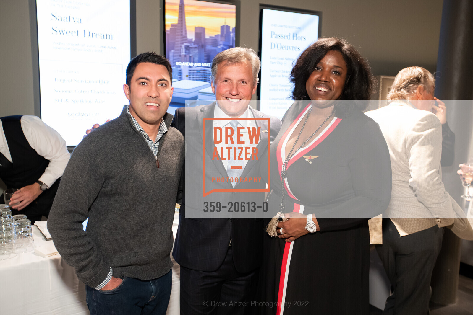 Ricky Joshi, Ron Rudzin, Shari Ajayi, Saatva Store Grand Opening, Saatva. 128 Post St, March 10th, 2022, Photo #359-20613-0 Ricky Joshi, Ron Rudzin, Shari Ajayi, Photo #359-20613-0