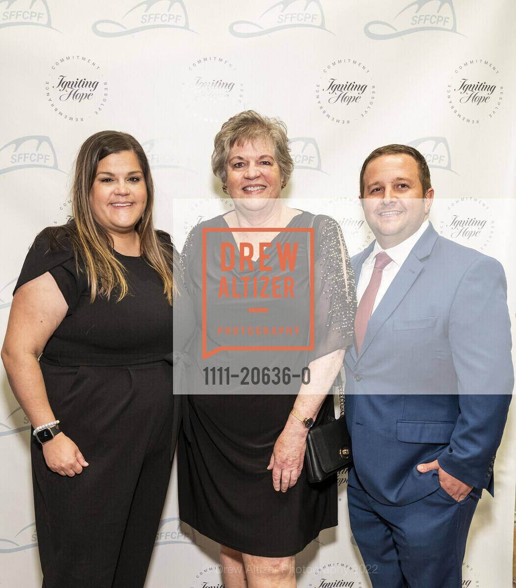 Angela Branconi, Judy Lynch, Mark Branconi, SF Firefighter's Cancer Prevention Igniting Hope Gala 2022, Palace Hotel. 2 New Montgomery, March 26th, 2022, Photo #1111-20636-0 Angela Branconi, Judy Lynch, Mark Branconi, Photo #1111-20636-0
