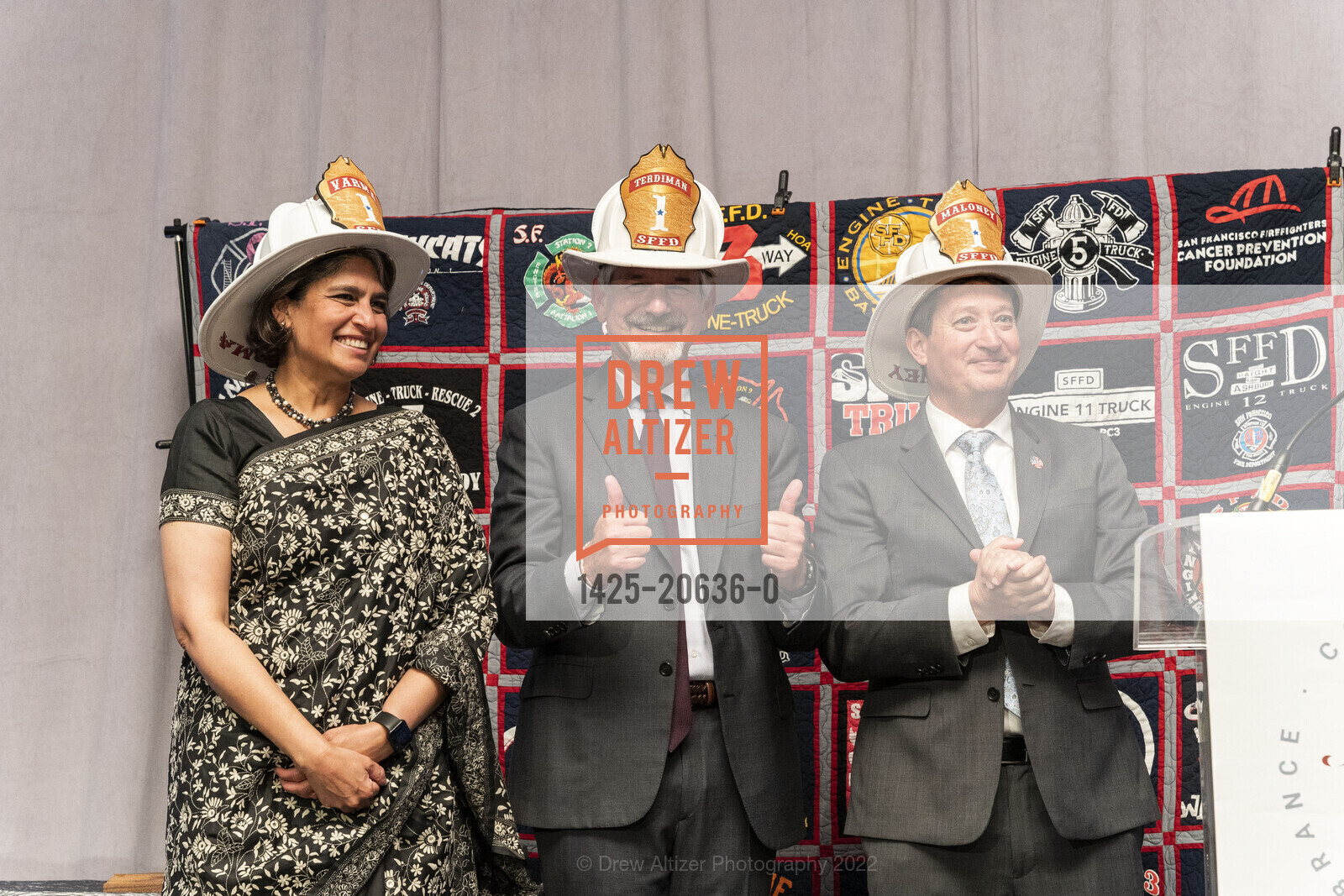 Madhulika Varma, Jonathan Terdiman, Dan Maloney, SF Firefighter's Cancer Prevention Igniting Hope Gala 2022, Palace Hotel. 2 New Montgomery, March 26th, 2022, Photo #1425-20636-0 Madhulika Varma, Jonathan Terdiman, Dan Maloney, Photo #1425-20636-0