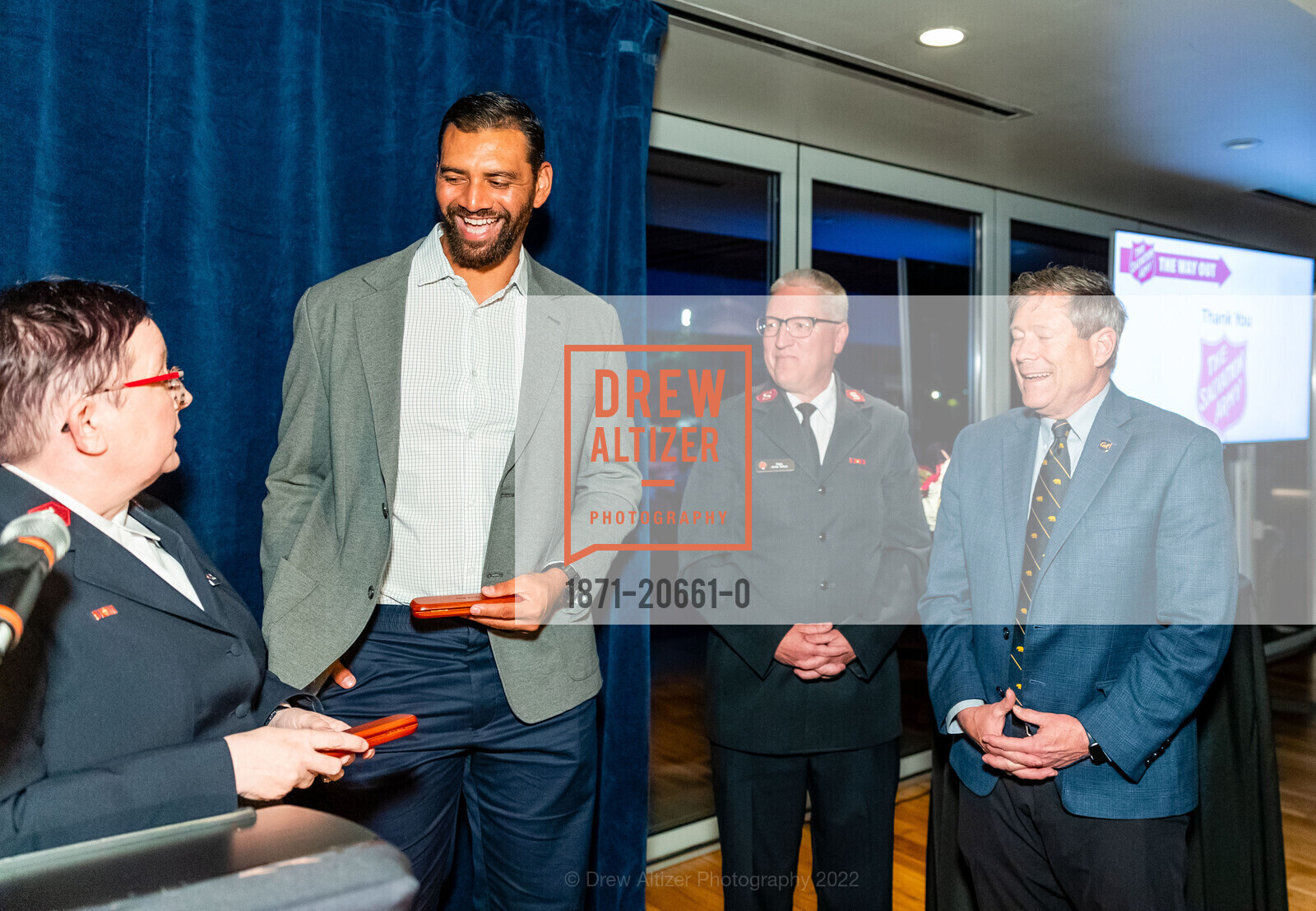 Laura Sullivan, Tyson Ross, James Sullivan, Jim Knowlton, The Salvation Army Gala of Alameda County, Memorial Stadium, University Club - top floor of University of California Berkeley Stadium. 2227 Piedmont Ave, April 10th, 2022, Photo #1871-20661-0 Laura Sullivan, Tyson Ross, James Sullivan, Jim Knowlton, Photo #1871-20661-0