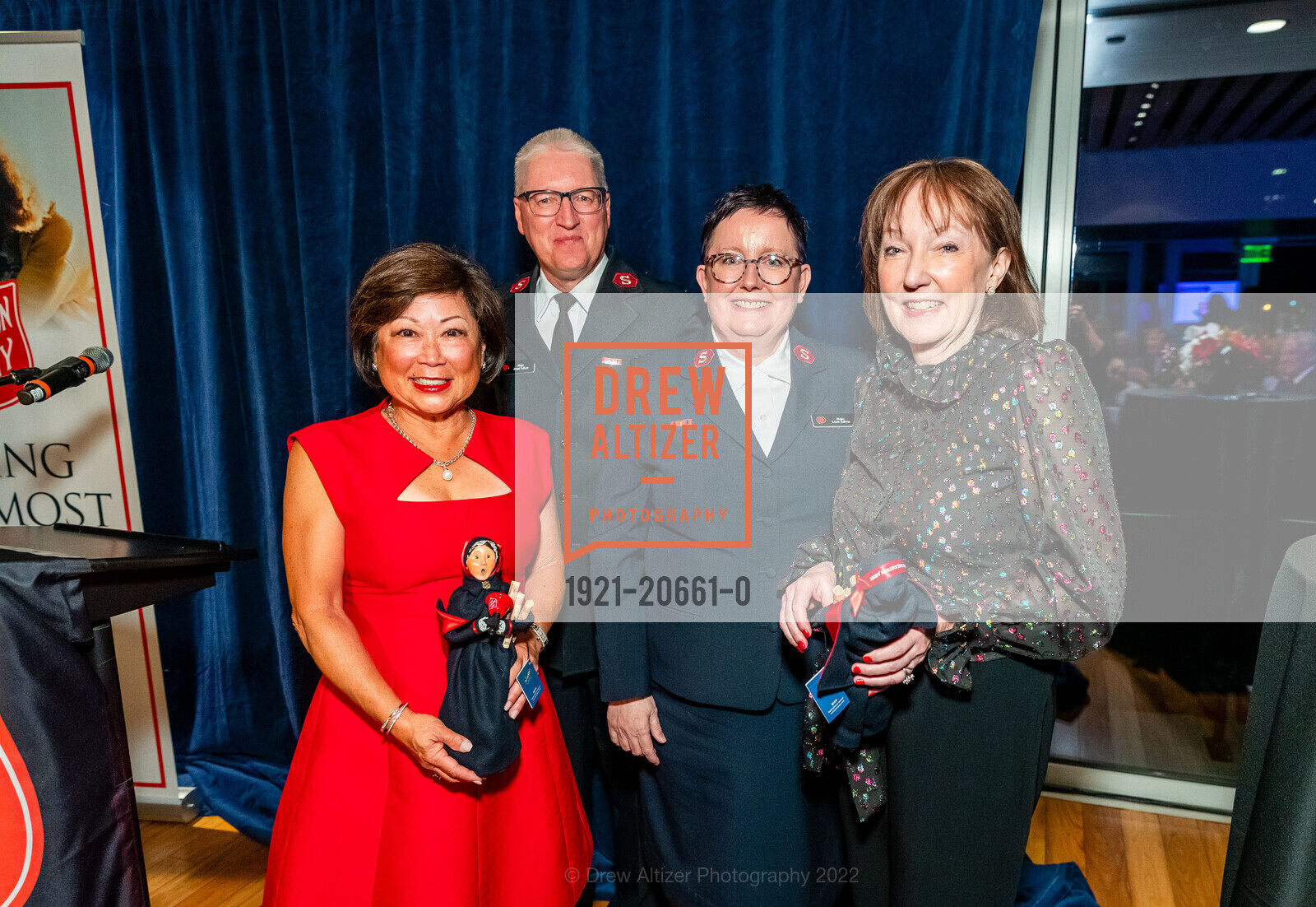 Corki Recht, James Sullivan, Laura Sullivan, Debbie Kelley, The Salvation Army Gala of Alameda County, Memorial Stadium, University Club - top floor of University of California Berkeley Stadium. 2227 Piedmont Ave, April 10th, 2022, Photo #1921-20661-0 Corki Recht, James Sullivan, Laura Sullivan, Debbie Kelley, Photo #1921-20661-0
