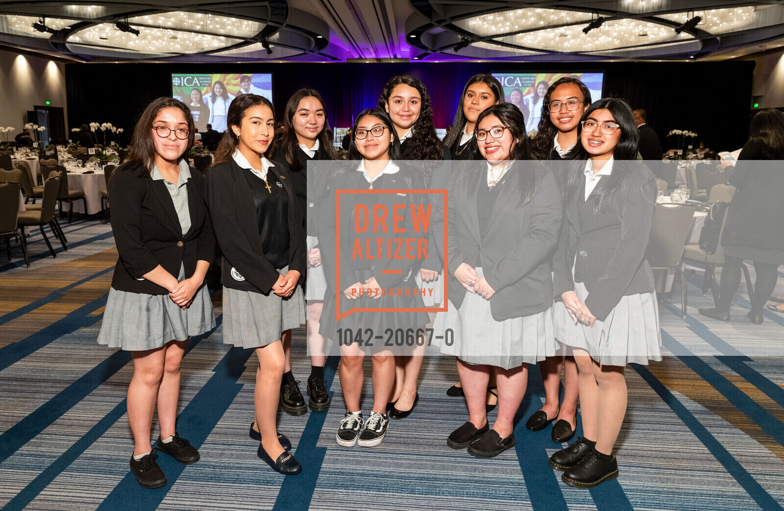Rosalind Cabello, Astrid Lozada, Gabrielle Ponciano, Maya Briceno, Citlali Perez, Giselle Gonzalez, Lily Rodriguez, Cindy Saavedra, Angelica Aquino, ICA Cristo Rey Academy Annual Business Lunch, Hyatt Regency San Francisco. 5 Embarcadero Ctr, April 13th, 2022, Photo #1042-20667-0 Rosalind Cabello, Astrid Lozada, Gabrielle Ponciano, Maya Briceno, Citlali Perez, Giselle Gonzalez, Lily Rodriguez, Cindy Saavedra, Angelica Aquino, Photo #1042-20667-0