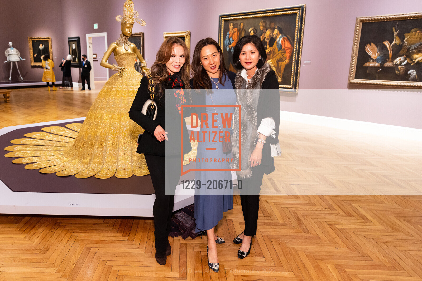 Tammy Jong, Carina Qui, Cindy Wang, FAMSF hosts Guo Pei Donor Opening, Legion of Honor. 100 34th Ave, April 14th, 2022, Photo #1229-20671-0 Tammy Jong, Carina Qui, Cindy Wang, Photo #1229-20671-0