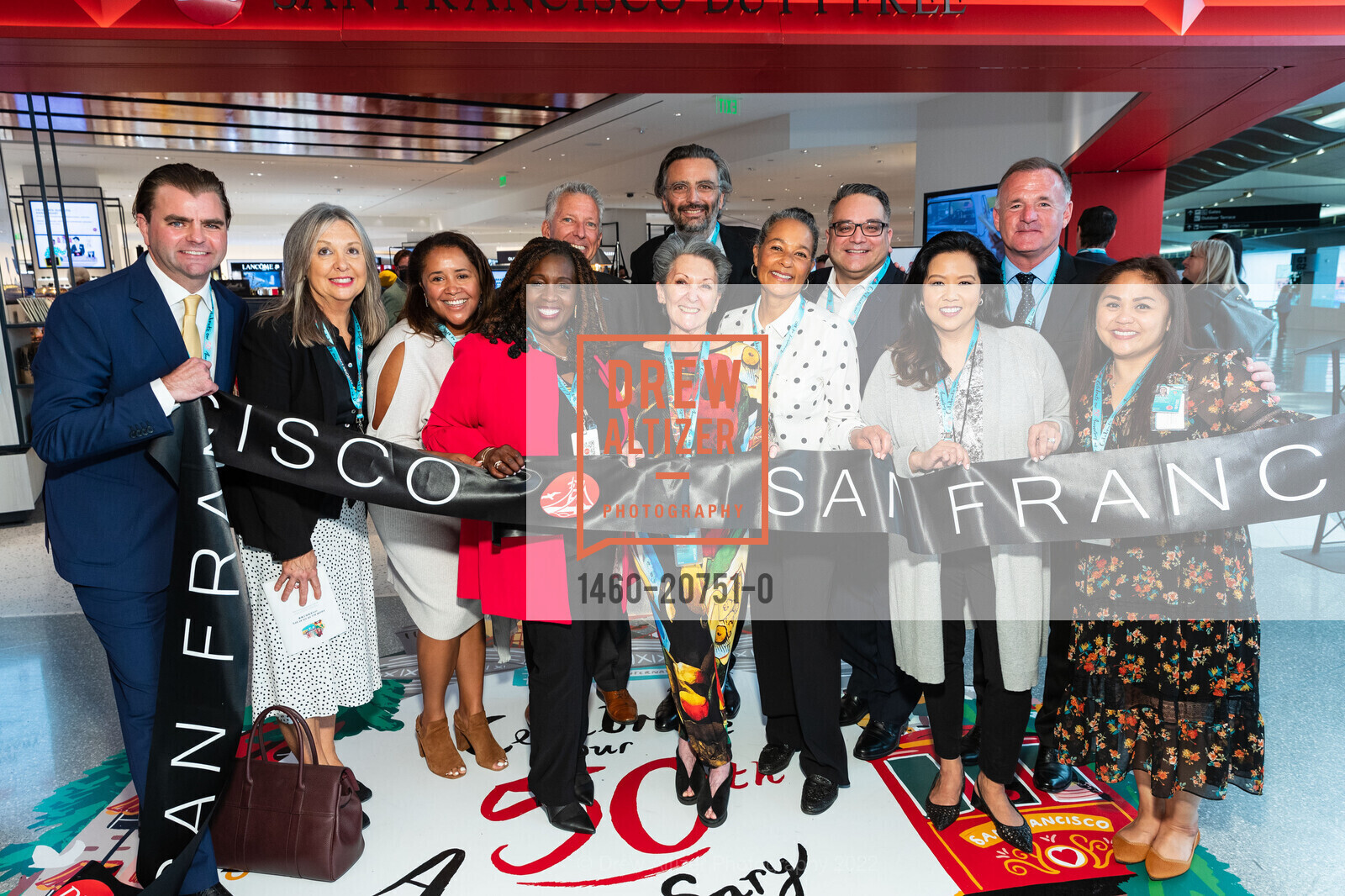 Karl Sutcliffe, Bianca Mallory, Apryl Stewart, Rilla Ginsberg, Benjamin Vuchot, Njambi Mungai, Manuel Soto, Judy Soto, Martin Matthews, Clarissa Mamaril, DFS Celebrates Grand Re-Opening at SFO, San Francisco International Airport. San Francisco International Airport, Terminal G, June 1st, 2022, Photo #1460-20751-0 Karl Sutcliffe, Bianca Mallory, Apryl Stewart, Rilla Ginsberg, Benjamin Vuchot, Njambi Mungai, Manuel Soto, Judy Soto, Martin Matthews, Clarissa Mamaril, Photo #1460-20751-0