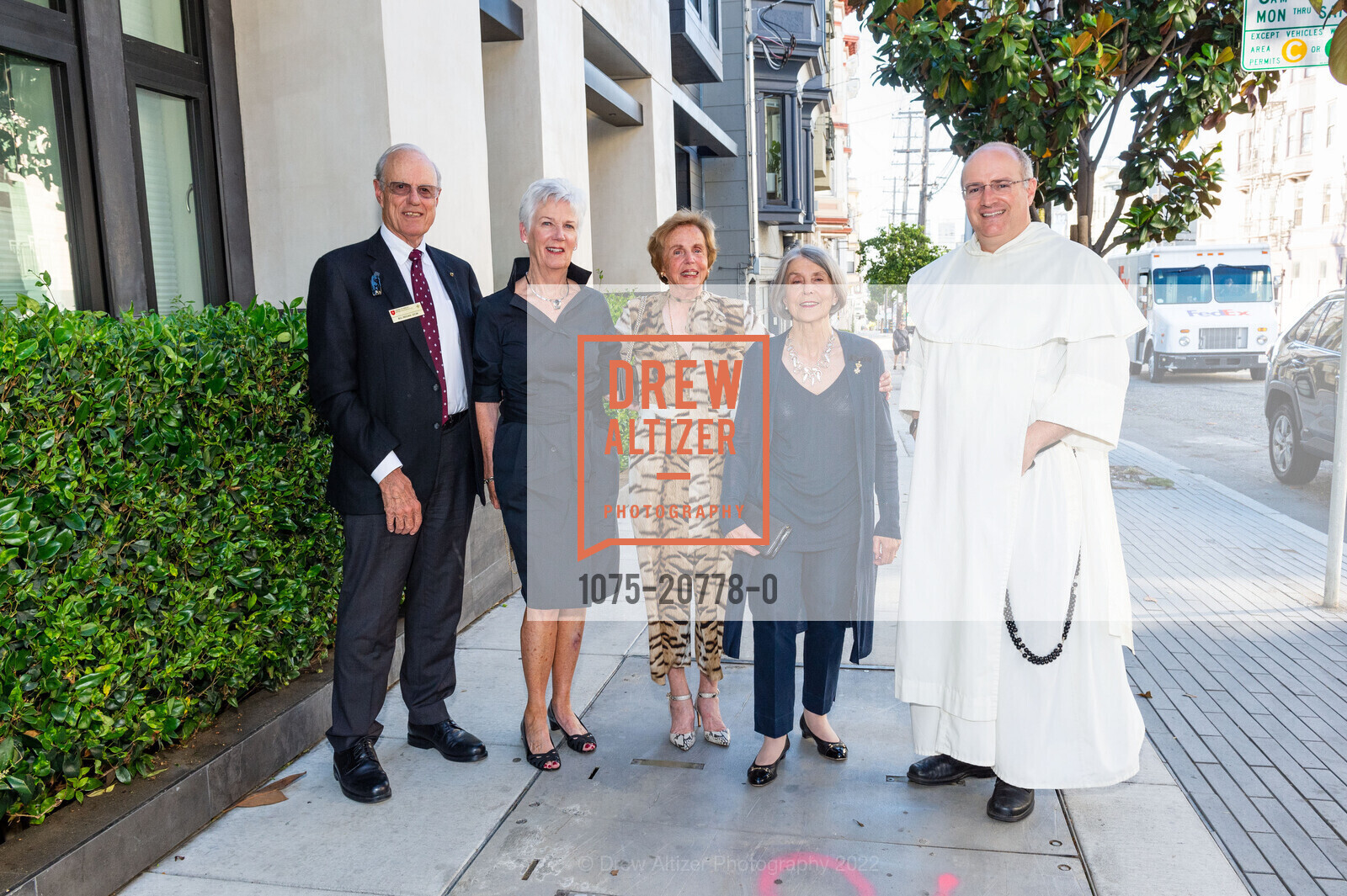 Bill Regan, Karen Leonardini, Georgeann Fannon, Ann Regan, Fr. James Moore, Order of Malta Clinic's Honorary Committee Party, 1601 Larkin St. 1601 Larkin St, June 14th, 2022, Photo #1075-20778-0 Bill Regan, Karen Leonardini, Georgeann Fannon, Ann Regan, Fr. James Moore, Photo #1075-20778-0