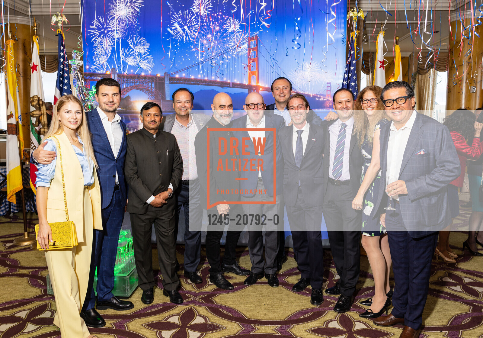 Sofia Kushneruk, Dmytro Kushneruk, T V Nagendra Prasad, Simone Mazzetto, Arnold Obermayr, Levan Beridze, Sergio Strozzi, The San Francisco Consular Corp's July 4th Celebration, The Fairmont Hotel, The Crown Room, July 4th, 2022, Photo #1245-20792-0 Sofia Kushneruk, Dmytro Kushneruk, T V Nagendra Prasad, Simone Mazzetto, Arnold Obermayr, Levan Beridze, Sergio Strozzi, Photo #1245-20792-0