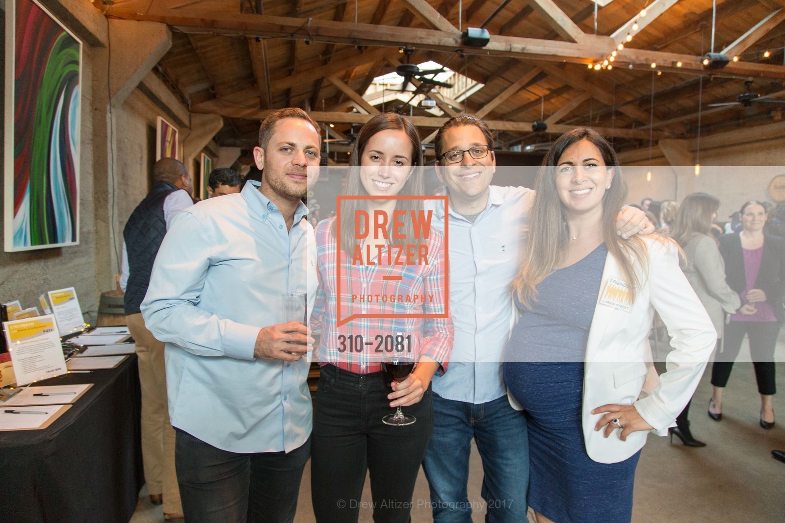 Nicolas Gerard, Linden McGreevy, Zachary Kushel, Valerie Kushel, 2nd Annual Uncorked with Friends of Larkin Street 2017, Tank18. 1345 Howard St. SF, California 94103, April 27th, 2017, Photo #310-2081 Nicolas Gerard, Linden McGreevy, Zachary Kushel, Valerie Kushel, Photo #310-2081