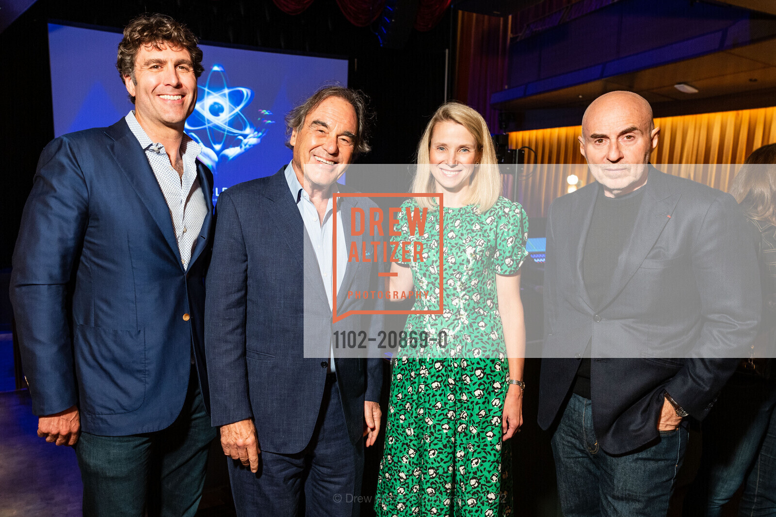 Zachary Bogue, Oliver Stone, Marissa Mayer, Fernando Sulichin, NUCLEAR Film Private Screening, The Guild Theatre. 949 El Camino Real, Menlo Park, CA 94025 US, September 19th, 2022, Photo #1102-20869-0 Zachary Bogue, Oliver Stone, Marissa Mayer, Fernando Sulichin, Photo #1102-20869-0