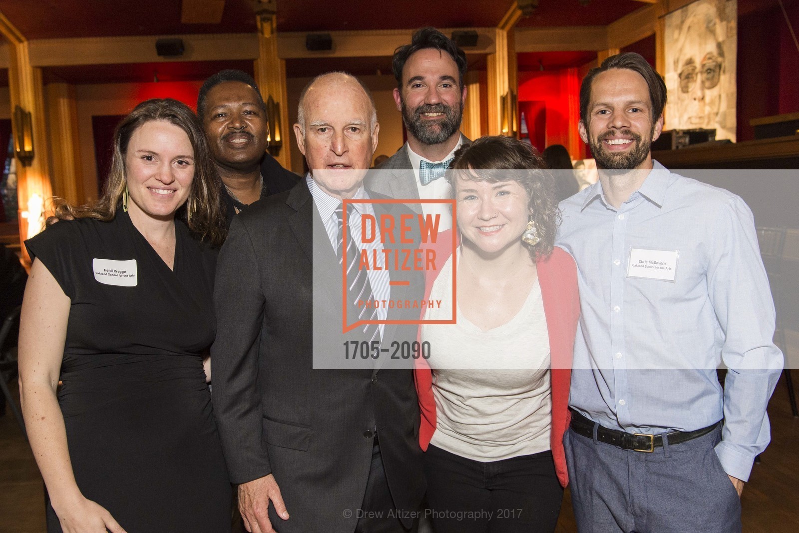 Heidi Cregge, Reginald-Ray Savage, Jerry Brown, Matthew Travisano, Lisa Forkish, Chris McGovern, Oakland School for the Arts' Annual Gala with Governor Brown, Sweet's Ballroom. 1933 Broadway, April 27th, 2017, Photo #1705-2090 Heidi Cregge, Reginald-Ray Savage, Jerry Brown, Matthew Travisano, Lisa Forkish, Chris McGovern, Photo #1705-2090