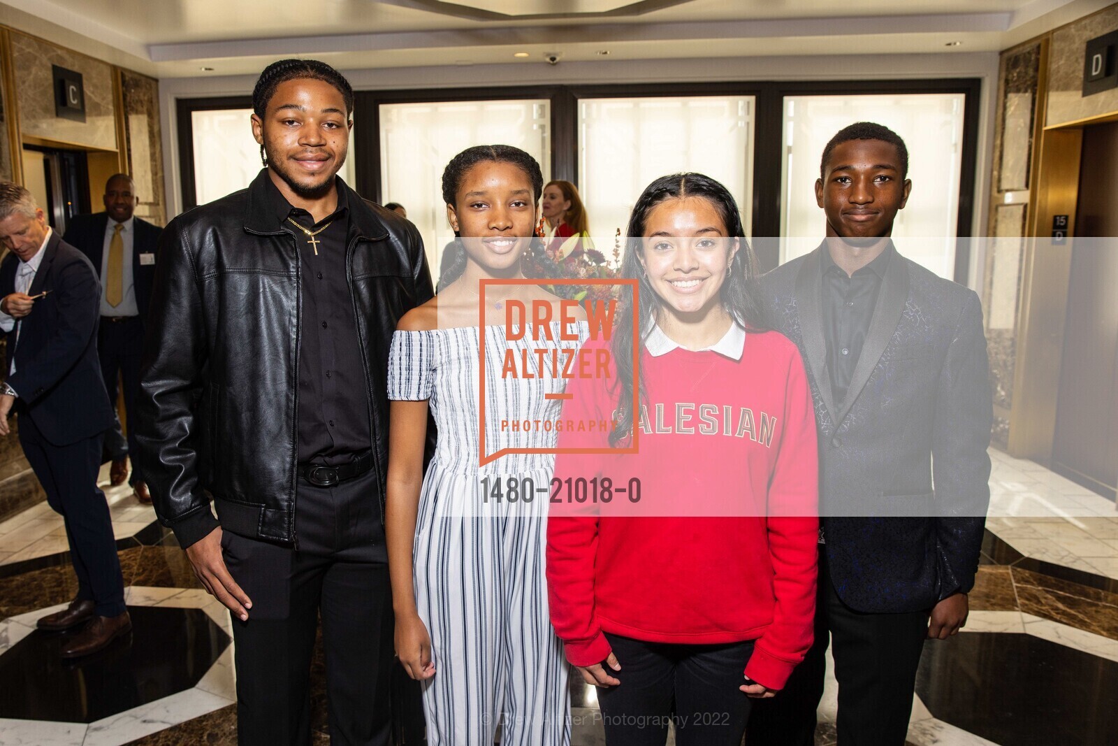 Evan Goodwin, Kai Reed, Lilyanna Mejia, Brandon Butler, Bay Scholars 9th Annual Thanksgiving Luncheon, The Julia Morgan Ballroom. 465 California St, SF, CA 94104 US, November 18th, 2022, Photo #1480-21018-0 Evan Goodwin, Kai Reed, Lilyanna Mejia, Brandon Butler, Photo #1480-21018-0