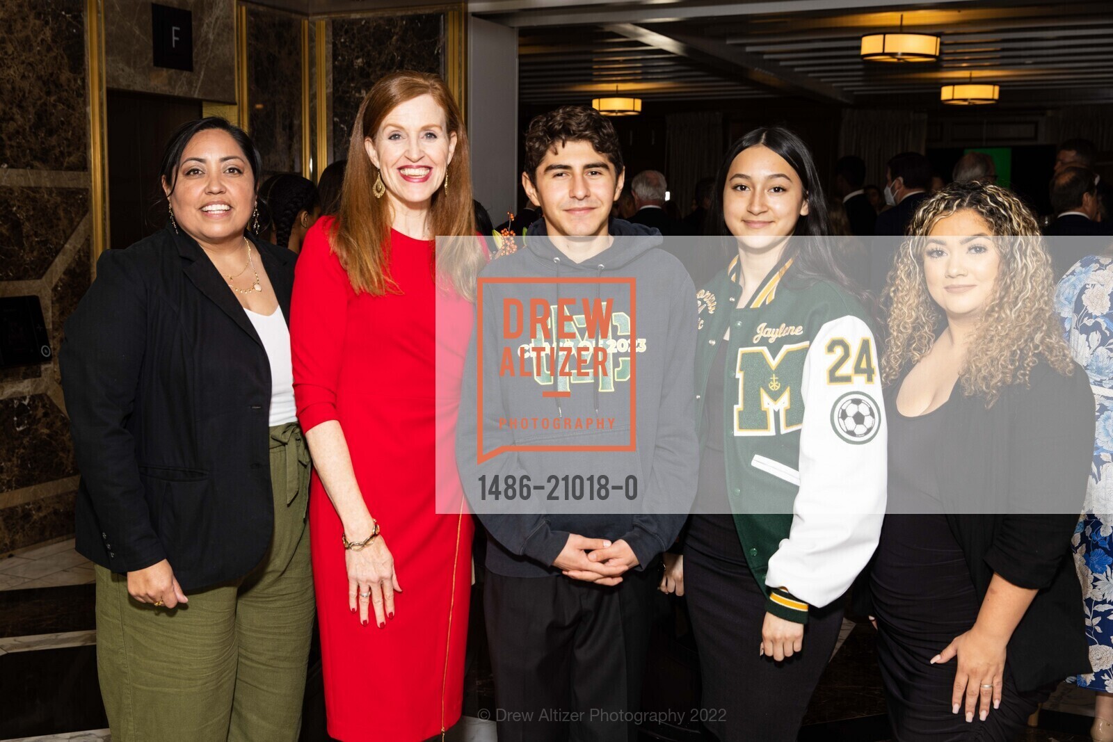 Maria Briones, Kathleen Radecke, Christopher Diaz, Paulina Maravilla, Jaylene Campos, Bay Scholars 9th Annual Thanksgiving Luncheon, The Julia Morgan Ballroom. 465 California St, SF, CA 94104 US, November 18th, 2022, Photo #1486-21018-0 Maria Briones, Kathleen Radecke, Christopher Diaz, Paulina Maravilla, Jaylene Campos, Photo #1486-21018-0