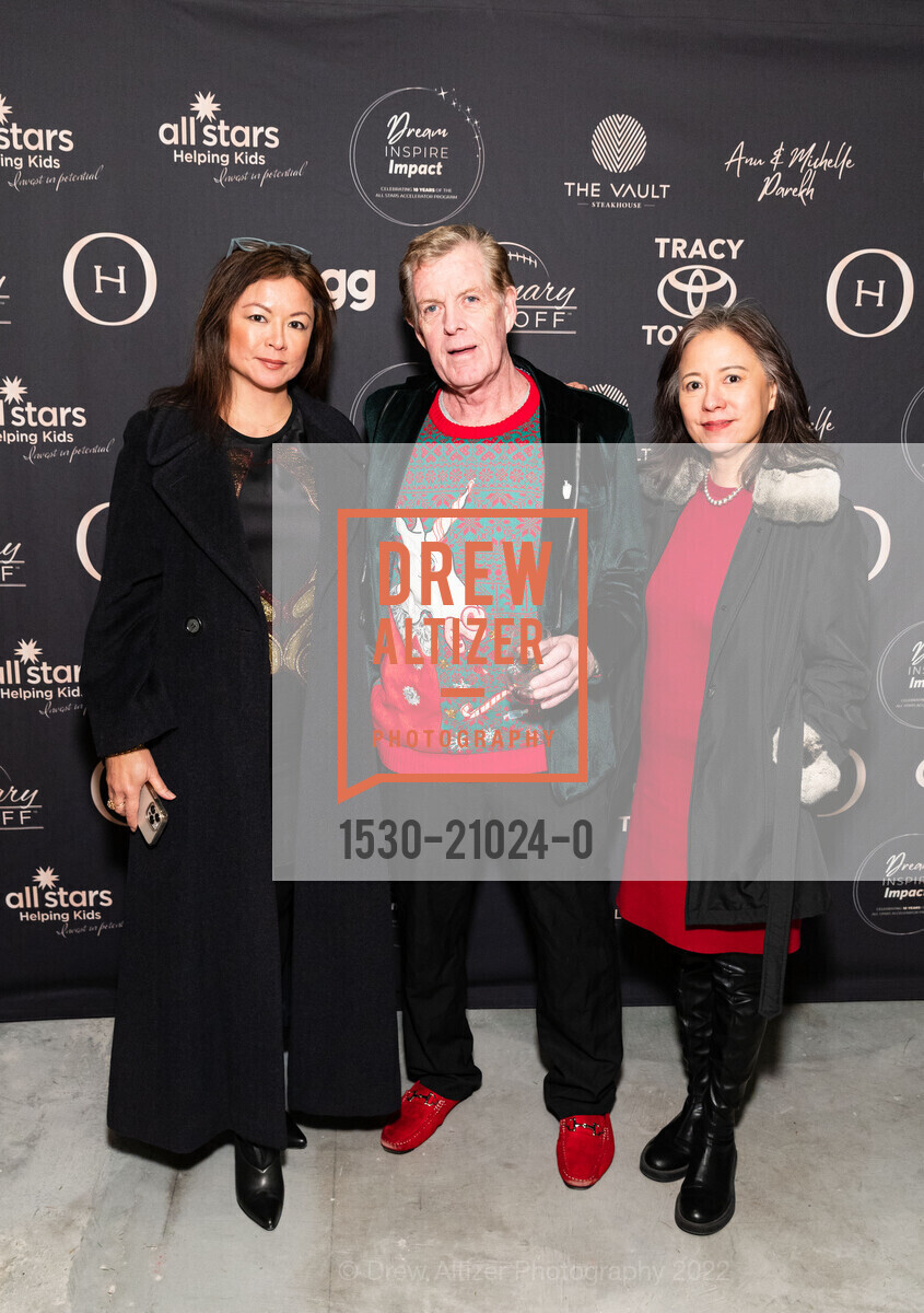 Winola Hamdan, Dan Callahan, Willa Cheng, Ronnie and Karen Lott All Stars Helping Kids Holiday Event 2022, The Vault. 555 California St, SF, CA 94104 US, December 2nd, 2022, Photo #1530-21024-0 Winola Hamdan, Dan Callahan, Willa Cheng, Photo #1530-21024-0