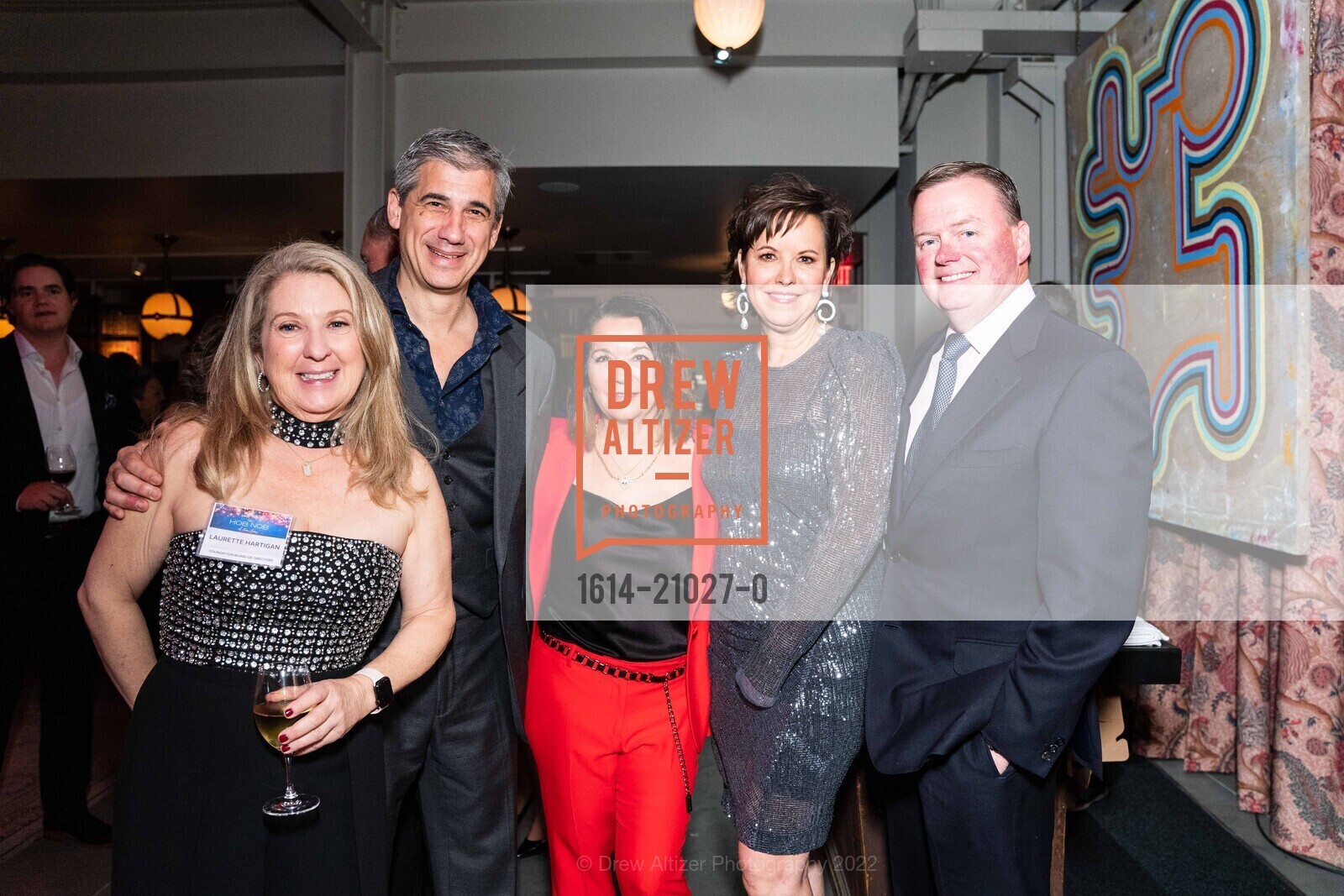 Laurette Hartigan, Daniel Laguardia, Maria LaGuardia, Kate Smith, Ted Smith, Holiday Hob Nob benefiting St. Francis Foundation 2022, Saint Joseph’s Arts Society. 1401 Howard St, SF, CA 94103 US, December 3rd, 2022, Photo #1614-21027-0 Laurette Hartigan, Daniel Laguardia, Maria LaGuardia, Kate Smith, Ted Smith, Photo #1614-21027-0