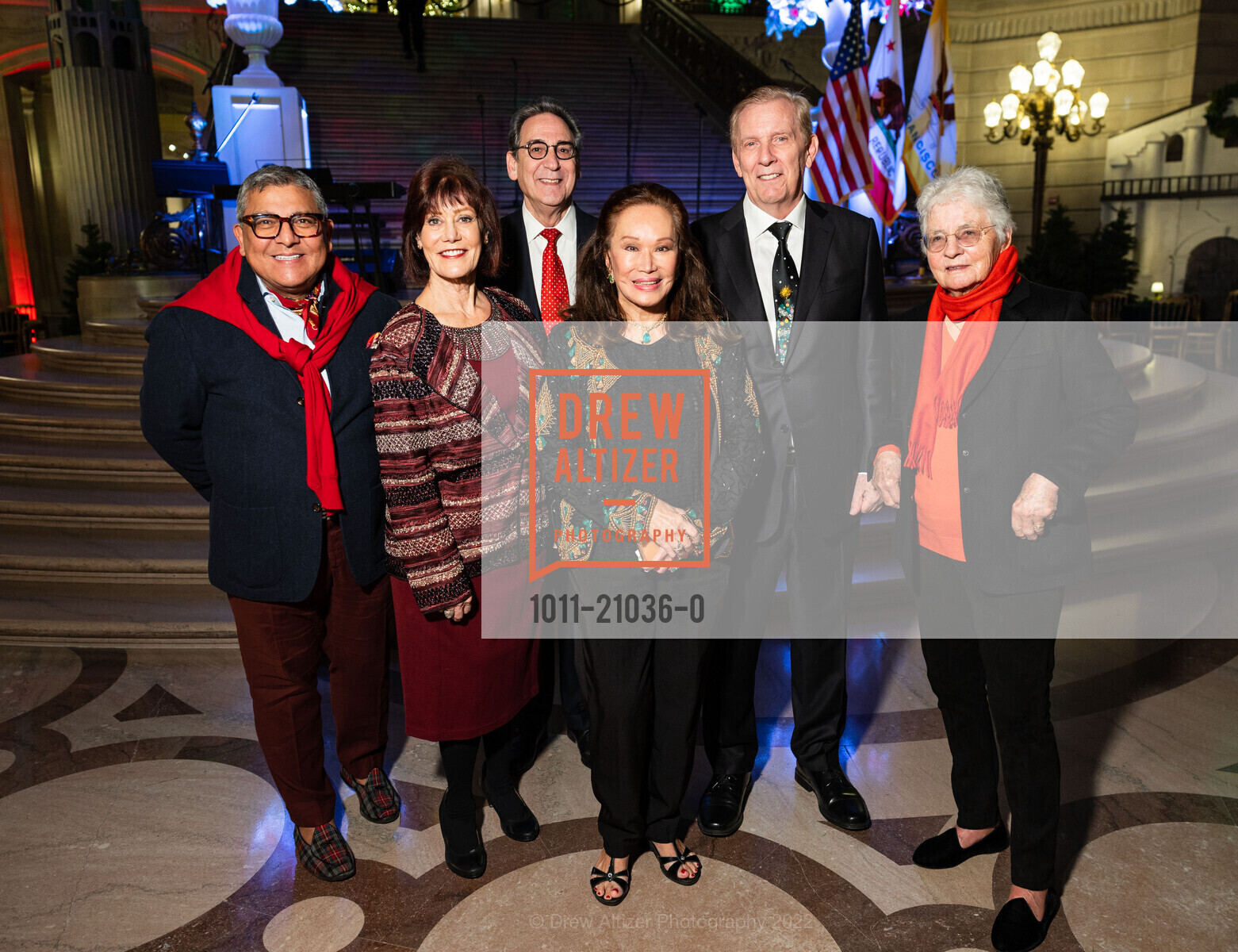 Riccardo Benavides, Diane Delucchi, Fred Levin, Martha Hertelendy, George Norton, Uta Bowes, Consular Corps 2022 Holiday Party, City Hall. 1 Dr Carlton B Goodlett Place, December 7th, 2022, Photo #1011-21036-0 Riccardo Benavides, Diane Delucchi, Fred Levin, Martha Hertelendy, George Norton, Uta Bowes, Photo #1011-21036-0