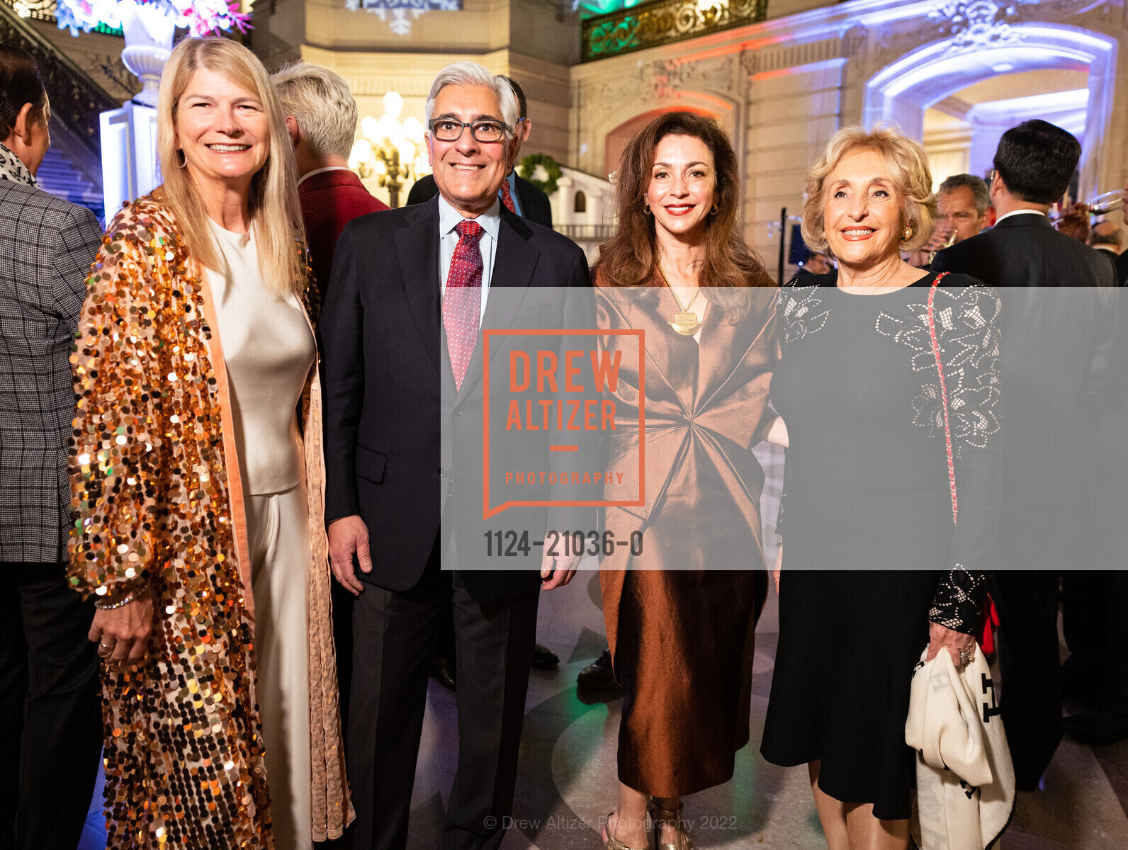 Martha Ehmann Conte, David Shimmon, Maryam Muduroglu, Nazan Orr, Consular Corps 2022 Holiday Party, City Hall. 1 Dr Carlton B Goodlett Place, December 7th, 2022, Photo #1124-21036-0 Martha Ehmann Conte, David Shimmon, Maryam Muduroglu, Nazan Orr, Photo #1124-21036-0