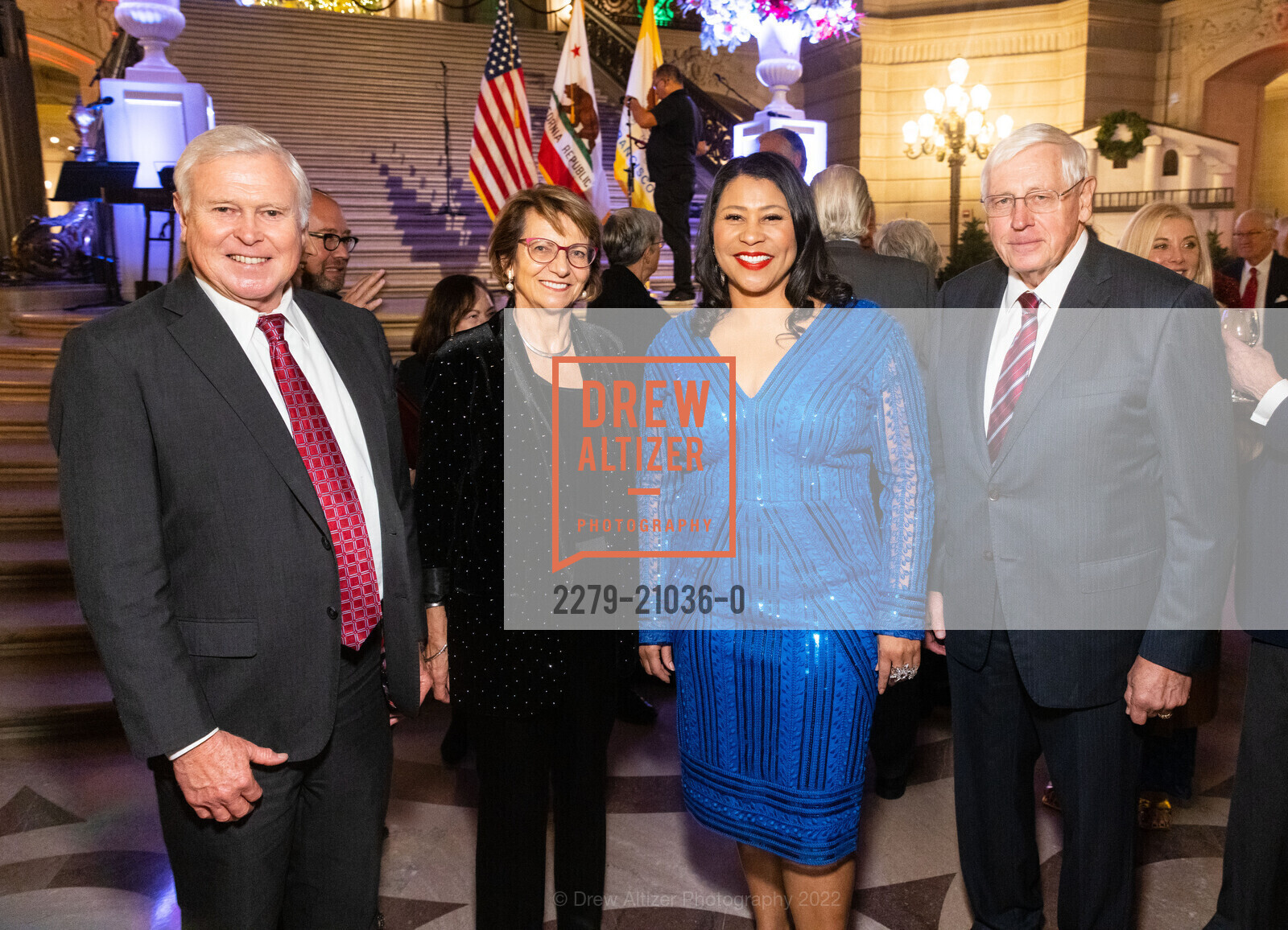Robert Cartwright, Dana Beldiman, London Breed, Justs Karlsons, Consular Corps 2022 Holiday Party, City Hall. 1 Dr Carlton B Goodlett Place, December 7th, 2022, Photo #2279-21036-0 Robert Cartwright, Dana Beldiman, London Breed, Justs Karlsons, Photo #2279-21036-0