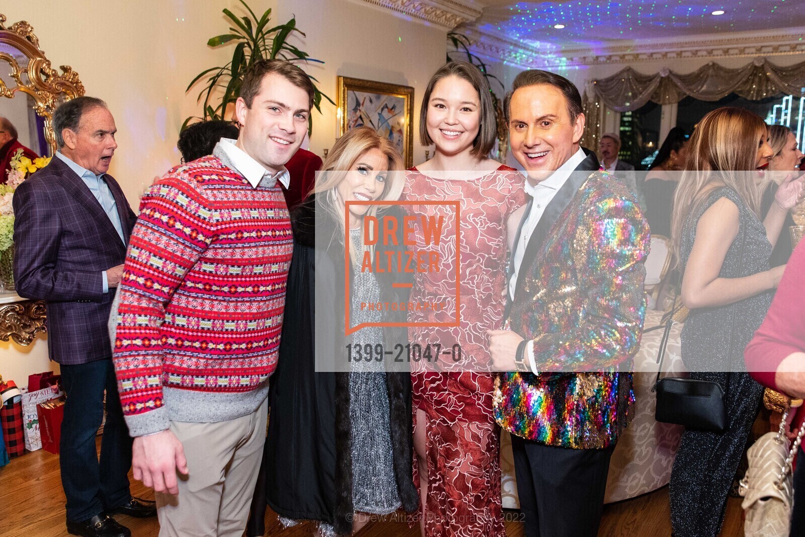 Chase Johnson, Melodie Pacheco, Maddy Chen, Joel Goodrich, Joel Goodrich's 2023 Holiday Cocktail Party, Private location. 850 Powell St., Penthouse 904, SF, CA 94108 US, December 15th, 2022, Photo #1399-21047-0 Chase Johnson, Melodie Pacheco, Maddy Chen, Joel Goodrich, Photo #1399-21047-0