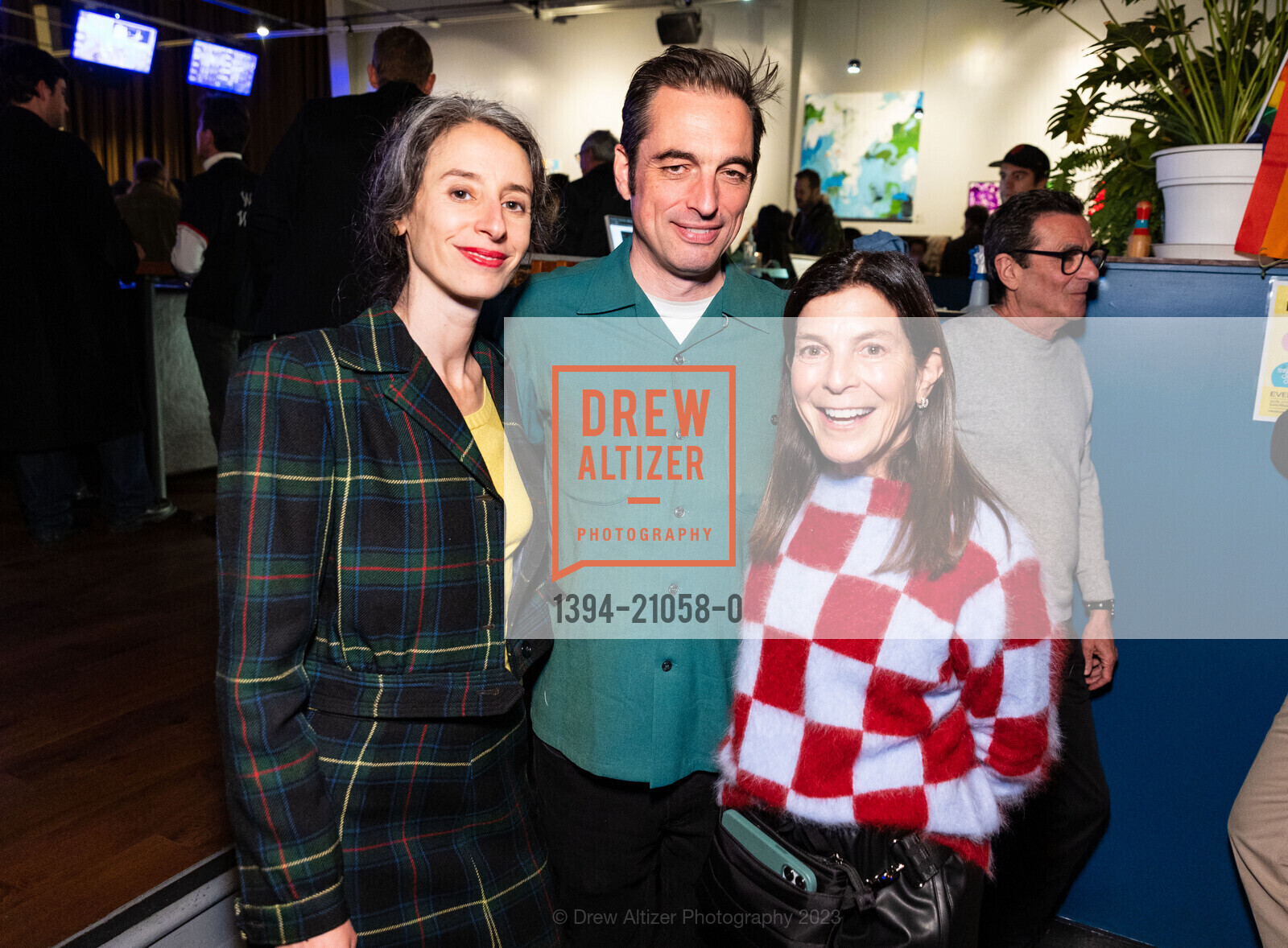 Elisheva Biernoff, Luke Butler, Susan Swig, Pre-FOG Bowling Party 2023, Mission Bowling Club, January 17th, 2023, Photo #1394-21058-0 Elisheva Biernoff, Luke Butler, Susan Swig, Photo #1394-21058-0