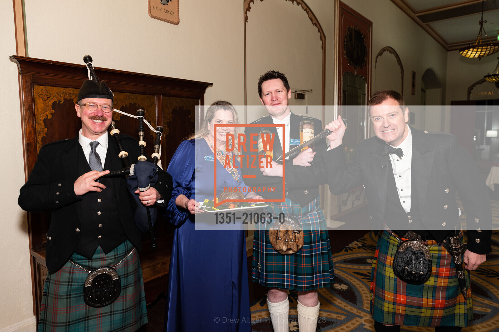 Brian Cooper, Charlotte Rawa, Alex Sinclair, Gareth Gaston, St. Andrews Society of San Francisco Burns Supper 2023, Marines' Memorial Club & Hotel. 609 Sutter, January 22nd, 2023, Photo #1351-21063-0 Brian Cooper, Charlotte Rawa, Alex Sinclair, Gareth Gaston, Photo #1351-21063-0