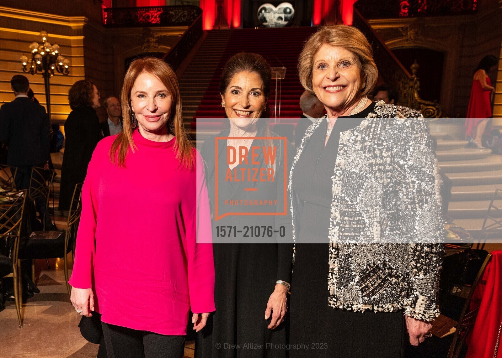 Lisa Stone Pritzker, Kim Meredith, Dagmar Dolby, Hearts in San Francisco Fundraiser 2023, San Francisco City Hall @ 1 Dr Carlton B Goodlett Pl, SF, CA 94102 US. San Francisco City Hall @ 1 Dr Carlton B Goodlett Pl, SF, CA 94102 US, February 9th, 2023, Photo #1571-21076-0 Lisa Stone Pritzker, Kim Meredith, Dagmar Dolby, Photo #1571-21076-0