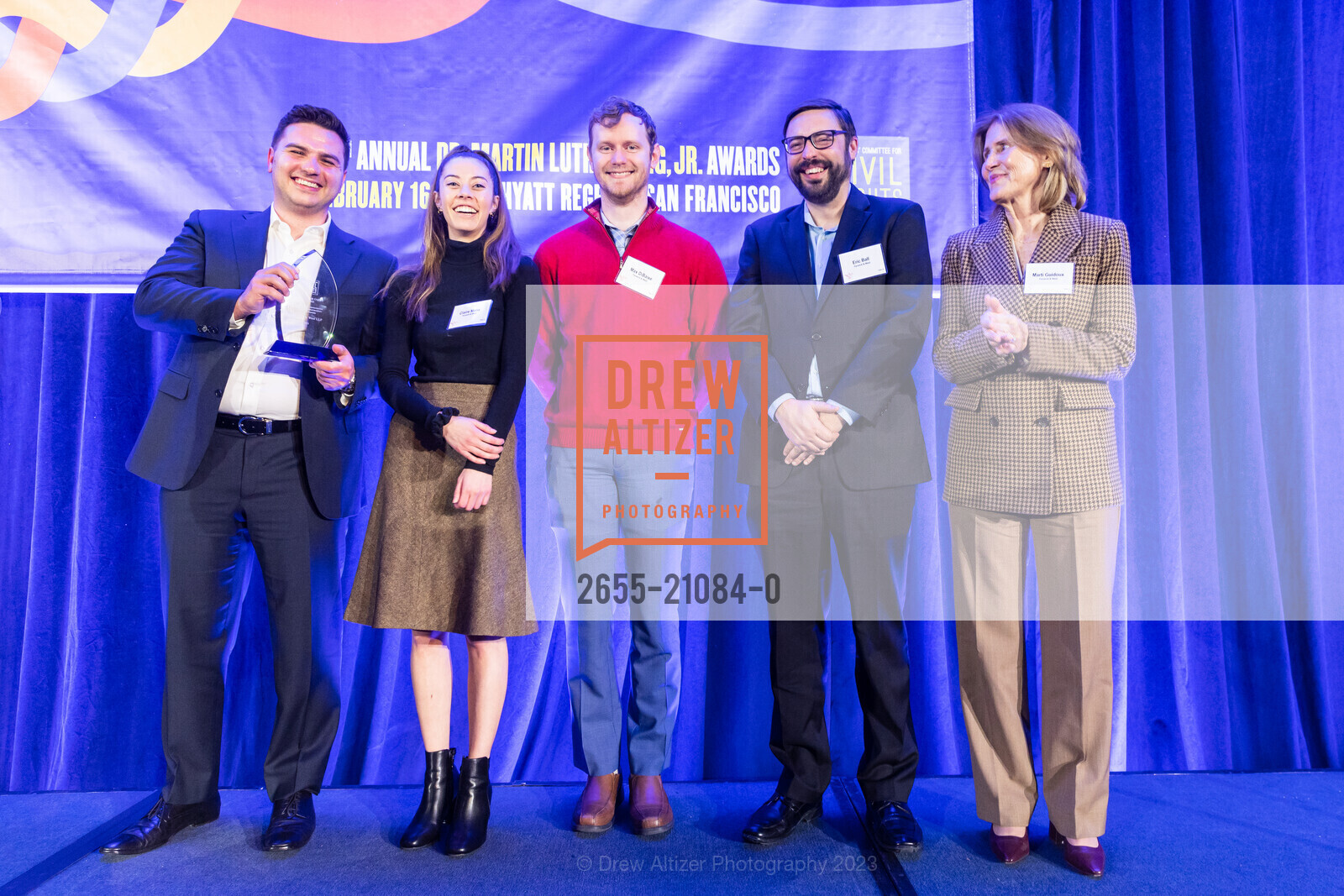 Samuel Sahagian, Claire Mena, Marti Guidoux, Max DiBaise, Eric Ball, Lawyers’ Committee for Civil Rights Annual Dr. MLK, Jr. Gala 2023, Hyatt Regency San Francisco @ 5 Embarcadero Ctr, SF, CA 94111 US. Hyatt Regency San Francisco @ 5 Embarcadero Ctr, SF, CA 94111 US, February 16th, 2023, Photo #2655-21084-0 Samuel Sahagian, Claire Mena, Marti Guidoux, Max DiBaise, Eric Ball, Photo #2655-21084-0