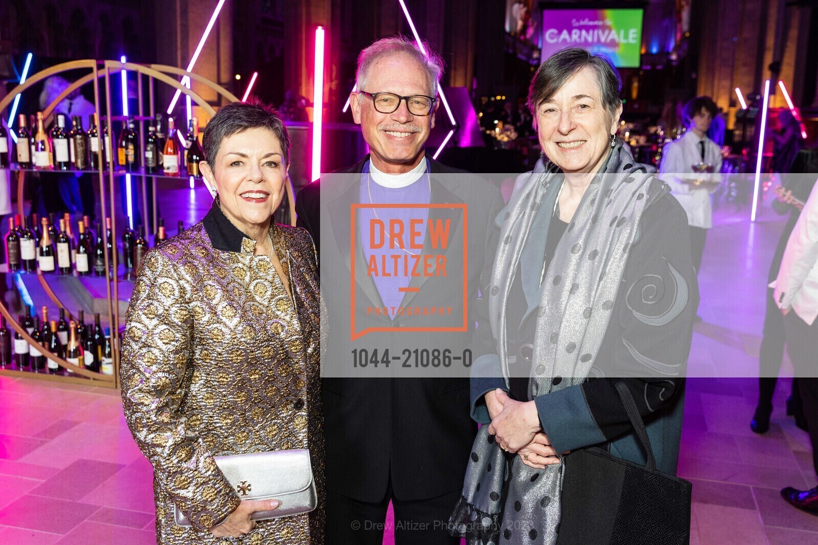 Valerie Crane Dorfman, Bishop Marc Handley Andrus, Kathi Burke, Grace Cathedral's Carnivale Gala 2023, Grace Cathedral, 1100 California St, SF, CA 94108 US. Grace Cathedral, 1100 California St, SF, CA 94108 US, February 21st, 2023, Photo #1044-21086-0 Valerie Crane Dorfman, Bishop Marc Handley Andrus, Kathi Burke, Photo #1044-21086-0