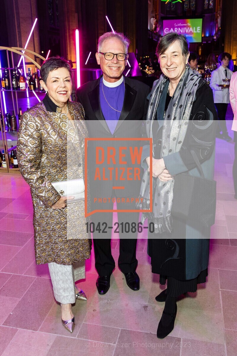 Valerie Crane Dorfman, Bishop Marc Handley Andrus, Kathi Burke, Grace Cathedral's Carnivale Gala 2023, Grace Cathedral, 1100 California St, SF, CA 94108 US. Grace Cathedral, 1100 California St, SF, CA 94108 US, February 21st, 2023, Photo #1042-21086-0 Valerie Crane Dorfman, Bishop Marc Handley Andrus, Kathi Burke, Photo #1042-21086-0