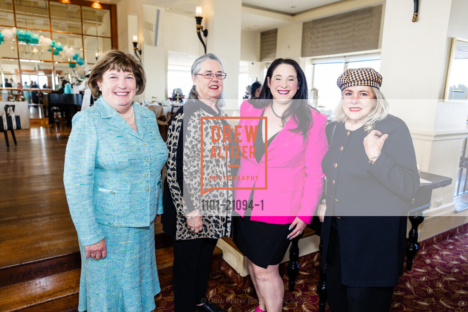 Linda Kapnick, Andrea Feeney, Katie Walker, Lina Pritchard, Junior League of San Francisco Annual Tea Event, InterContinental Mark Hopkins San Francisco, an IHG Hotel @ 999 California St, SF, CA 94108 US. InterContinental Mark Hopkins San Francisco, an IHG Hotel @ 999 California St, SF, CA 94108 US, March 5th, 2023, Photo #1101-21094-1 Linda Kapnick, Andrea Feeney, Katie Walker, Lina Pritchard, Photo #1101-21094-1