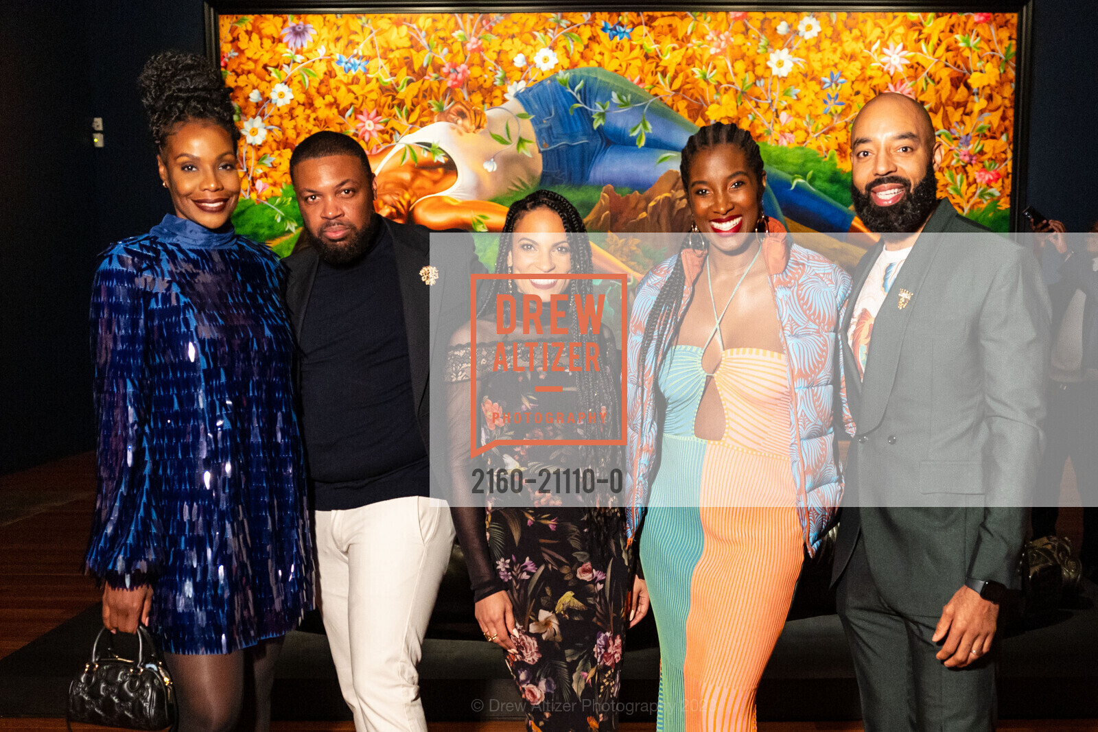 Tanneasha Gordon, Bobby Johnson, Goapele Mohlabane, Safiya Jihan Adams, Bakari Adams, Kehinde Wiley Donor Opening Night 2023, de Young Museum @ 50 Hagiwara Tea Garden Dr, San Francisco, CA 94118 US. de Young Museum @ 50 Hagiwara Tea Garden Dr, San Francisco, CA 94118 US, March 16th, 2023, Photo #2160-21110-0 Tanneasha Gordon, Bobby Johnson, Goapele Mohlabane, Safiya Jihan Adams, Bakari Adams, Photo #2160-21110-0