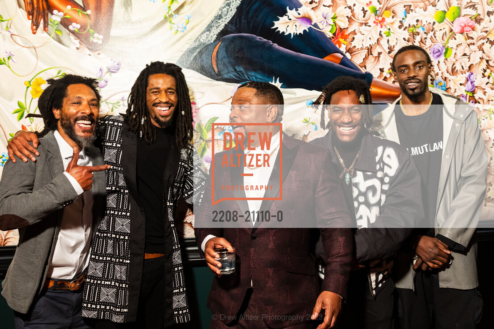 Andre Jones, Timothy B, Kehinde Wiley, Shogun Shido, Christian Walker, Kehinde Wiley Donor Opening Night 2023, de Young Museum @ 50 Hagiwara Tea Garden Dr, San Francisco, CA 94118 US. de Young Museum @ 50 Hagiwara Tea Garden Dr, San Francisco, CA 94118 US, March 16th, 2023, Photo #2208-21110-0 Andre Jones, Timothy B, Kehinde Wiley, Shogun Shido, Christian Walker, Photo #2208-21110-0