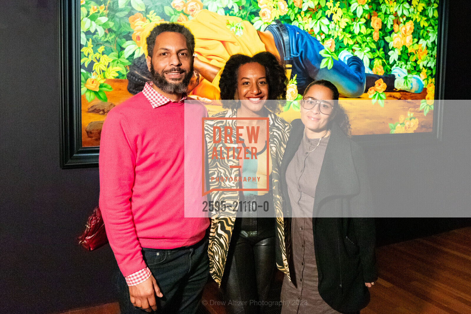 Gregory Tarver, Aisha Mays, Adia Millett, Kehinde Wiley Donor Opening Night 2023, de Young Museum @ 50 Hagiwara Tea Garden Dr, San Francisco, CA 94118 US. de Young Museum @ 50 Hagiwara Tea Garden Dr, San Francisco, CA 94118 US, March 16th, 2023, Photo #2595-21110-0 Gregory Tarver, Aisha Mays, Adia Millett, Photo #2595-21110-0