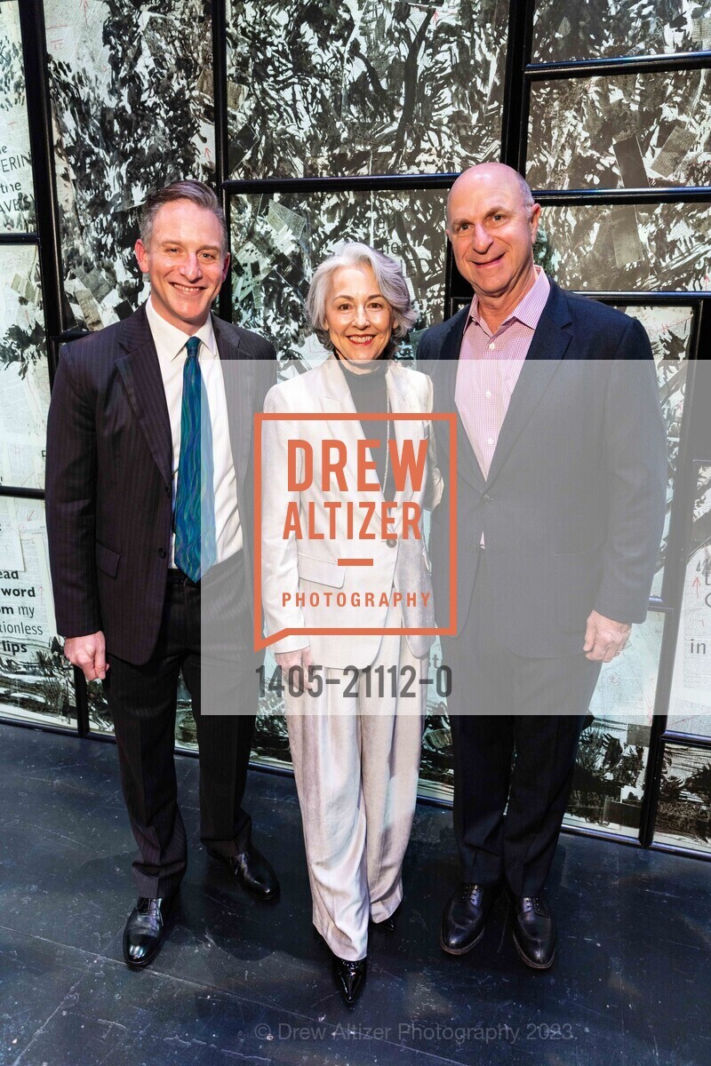 Jeremy Geffen, Sako Fisher, Bill Fisher, Cal Performances' 2023 Gala Honoring William Kentridge, 2413 Bancroft Way, Berkeley, CA 94704 US. 2413 Bancroft Way, Berkeley, CA 94704 US, March 17th, 2023, Photo #1405-21112-0 Jeremy Geffen, Sako Fisher, Bill Fisher, Photo #1405-21112-0