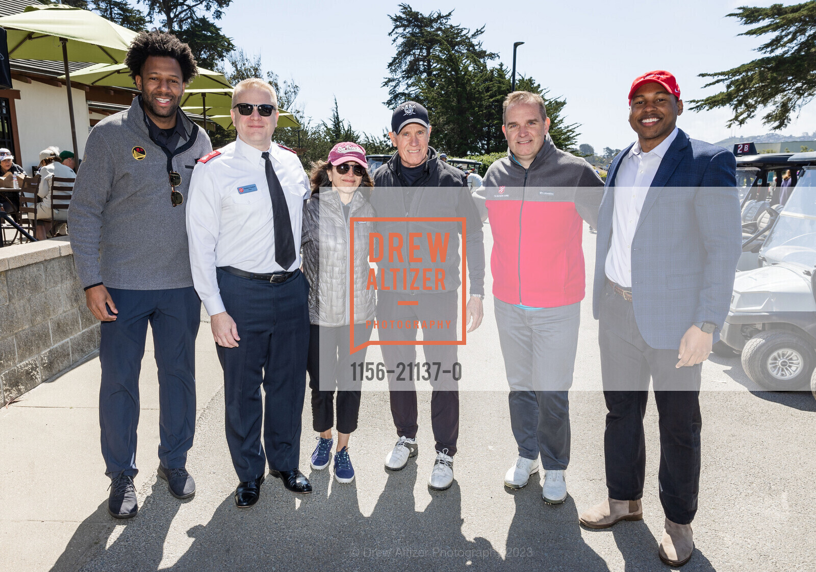 Theo Ellington, Matthew Madsen, Claire Hamlin, Bill Hamlin, Darren Norton, Jamario Jackson, Salvation Army Golf Tournament 2023, Presidio Golf Course @ 300 Finley Rd, SF, CA 94129 US. Presidio Golf Course @ 300 Finley Rd, SF, CA 94129 US, April 14th, 2023, Photo #1156-21137-0 Theo Ellington, Matthew Madsen, Claire Hamlin, Bill Hamlin, Darren Norton, Jamario Jackson, Photo #1156-21137-0