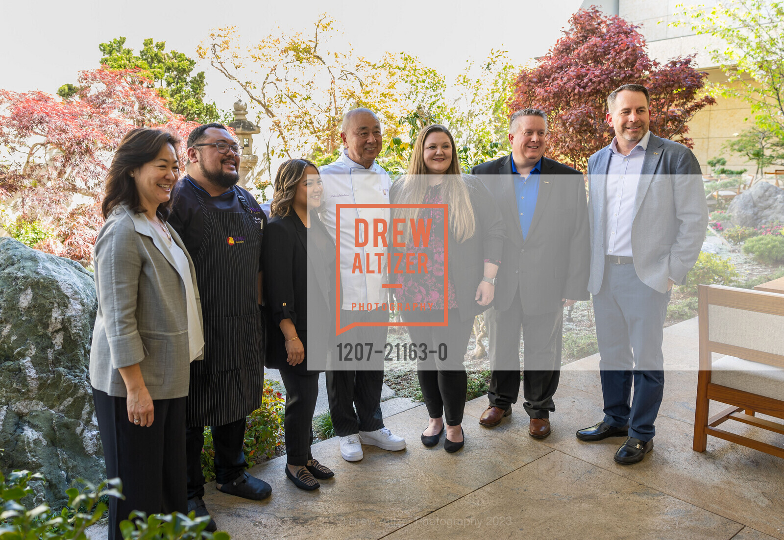 Janelle Eng, Chef Ryan Mendoza, Chef Nobu Matsuhisa, Brett Connor, Chris Flores, Garden Reveal Party at Nobu 2023, Nobu Hotel Palo Alto @ 180 Hamilton Ave, Palo Alto, CA 94301 US. Nobu Hotel Palo Alto @ 180 Hamilton Ave, Palo Alto, CA 94301 US, April 26th, 2023, Photo #1207-21163-0 Janelle Eng, Chef Ryan Mendoza, Chef Nobu Matsuhisa, Brett Connor, Chris Flores, Photo #1207-21163-0