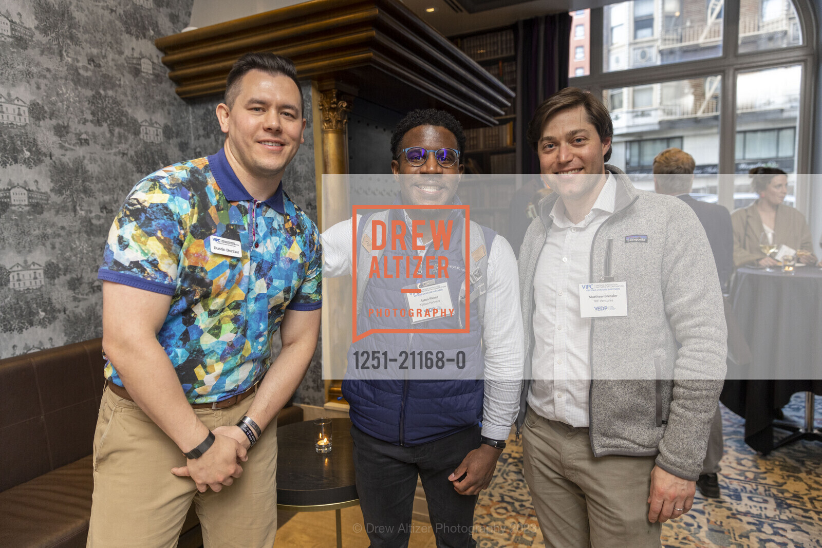 Dustin Dunbar, Aston Pierce, Matthew Bressler, Virgina Launch Lounge, The Marker San Francisco @ 501 Geary St, SF, CA 94102 US. The Marker San Francisco @ 501 Geary St, SF, CA 94102 US, April 25th, 2023, Photo #1251-21168-0 Dustin Dunbar, Aston Pierce, Matthew Bressler, Photo #1251-21168-0