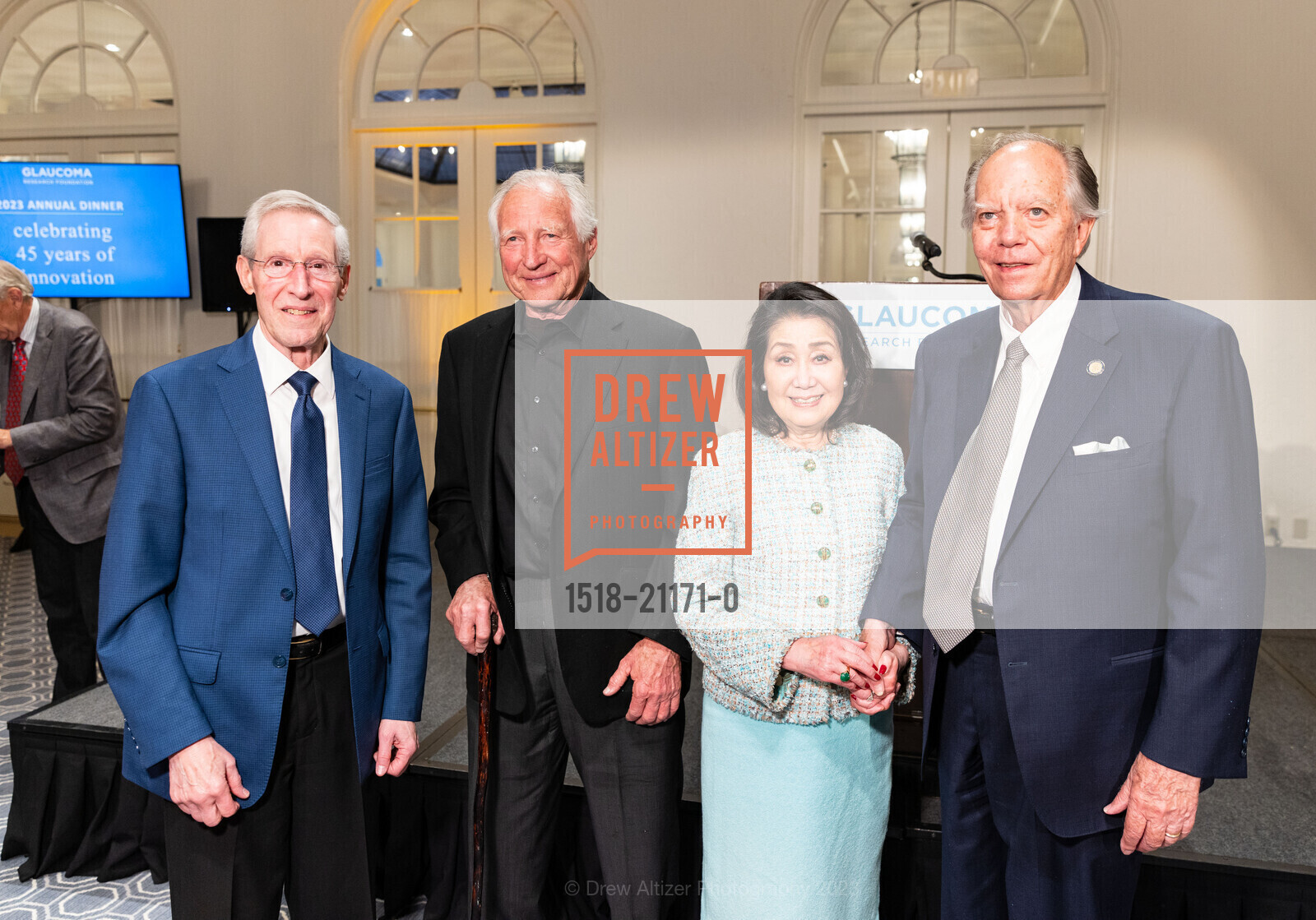 Tom Brunner, Kay Bell Jr., Nobuko Saito Cleary, Gary Cleary, Glaucoma Research Foundation Annual Dinner, The Olympic Club @ 599 CA-35, SF, CA 94132 US. The Olympic Club @ 599 CA-35, SF, CA 94132 US, April 28th, 2023, Photo #1518-21171-0 Tom Brunner, Kay Bell Jr., Nobuko Saito Cleary, Gary Cleary, Photo #1518-21171-0