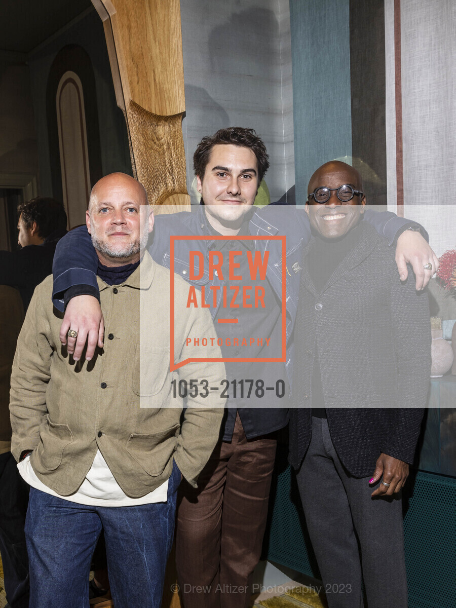 Marcus Keller, Caleb Morris, Robbie McMillan, Opening Night for the 2023 San Francisco Decorator's Showcase, 625 El Camino Del Mar (in Sea Cliff neighborhood) @ 625 El Camino Del Mar, SF, CA 94121 US. 625 El Camino Del Mar (in Sea Cliff neighborhood) @ 625 El Camino Del Mar, SF, CA 94121 US, April 28th, 2023, Photo #1053-21178-0 Marcus Keller, Caleb Morris, Robbie McMillan, Photo #1053-21178-0